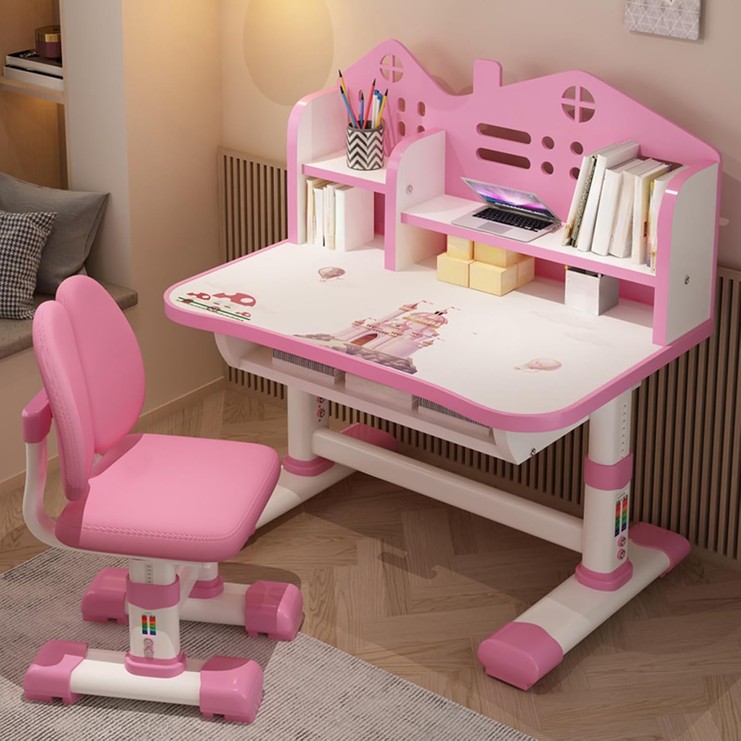 Small Desk, Standing Desk, Desk Chair Set, Widened Desktop Multi Separation Cartoon Pattern Desk Chair Set Kids Adjustable Height Study Table with