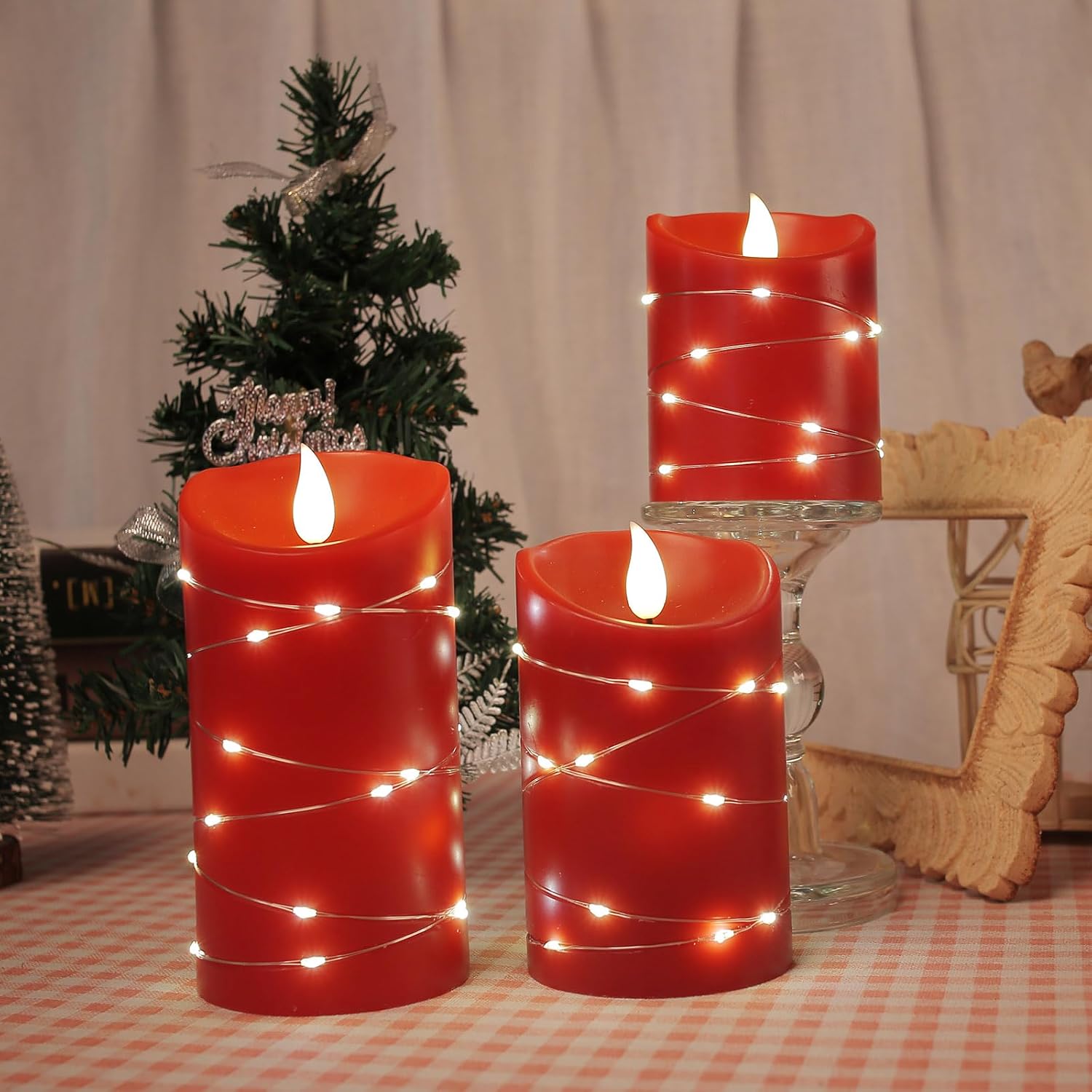 Vela sin llama recargable con cadena de velas LED con fuente de alimentación USB, control remoto, vela electrónica, luz intermitente, juego de 3