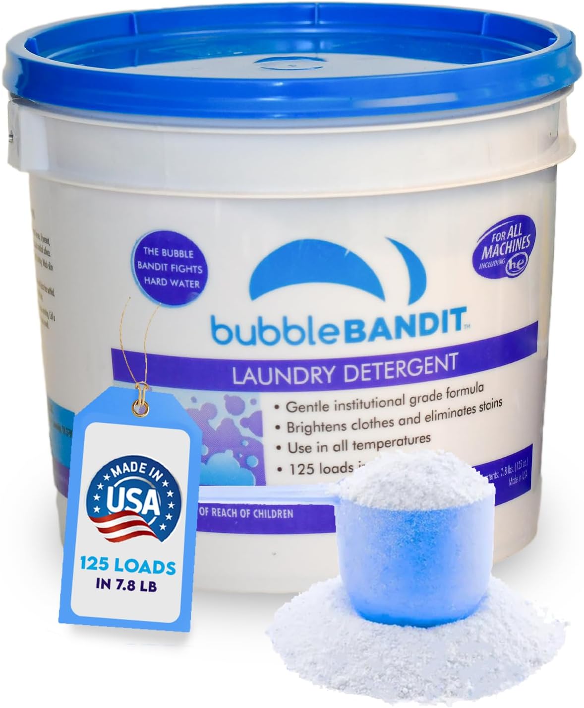 Bubble Bandit Detergente en polvo para ropa con fosfato, para todas las máquinas, aroma fresco y limpio, sin desorden, cubo y cuchara reutilizable,