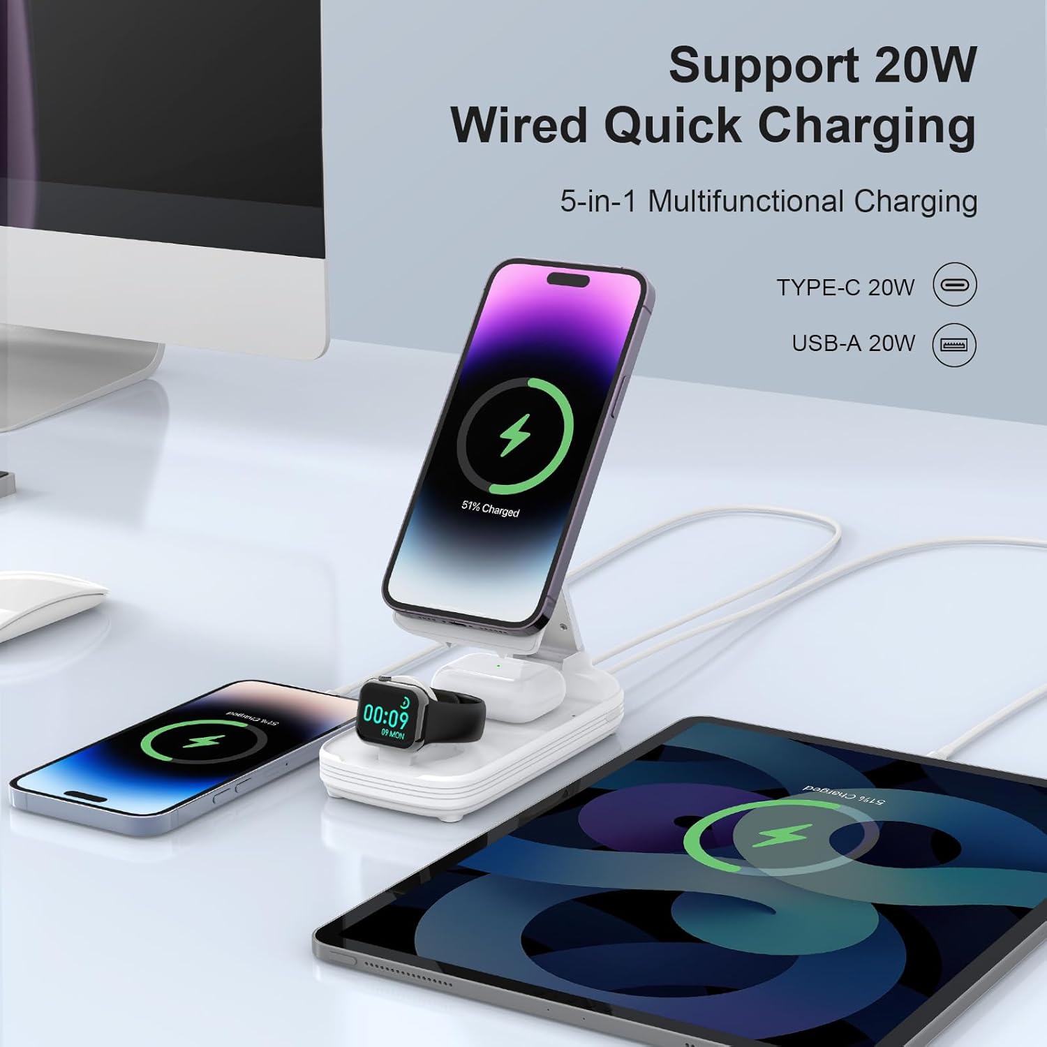 BezosMax – Estación de carga inalámbrica 5 en 1 con banco de energía de 10000 mAh, pantalla digital, magnética, automática de 20 W, estación de