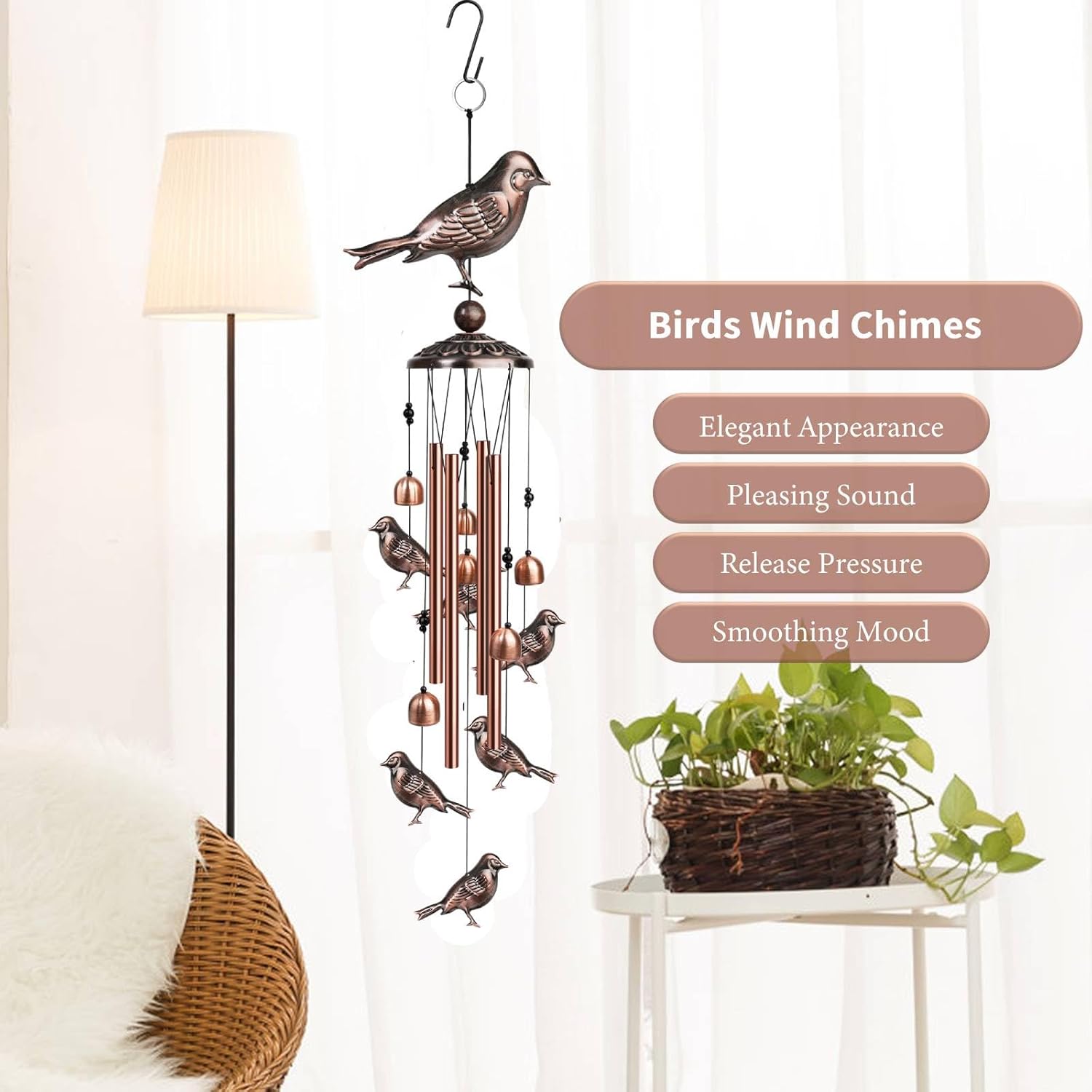 Campanillas de viento de pájaros para exteriores, campanas de viento decorativas con 4 tubos de aluminio para colgar, campanas de viento
