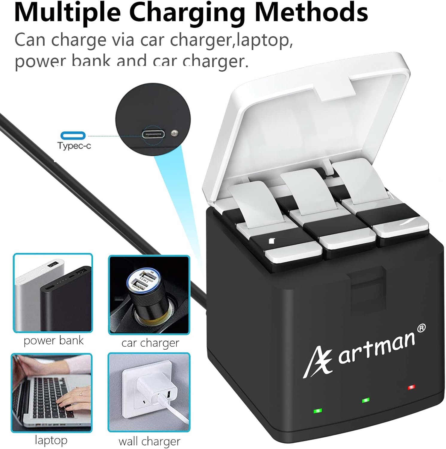 Artman Hero 12 – Batería de 3 unidades de 1800 mAh y cargador de 3 canales compatible con cámara GoPro Enduro Hero 12 BlackHero 11 BlackHero 10