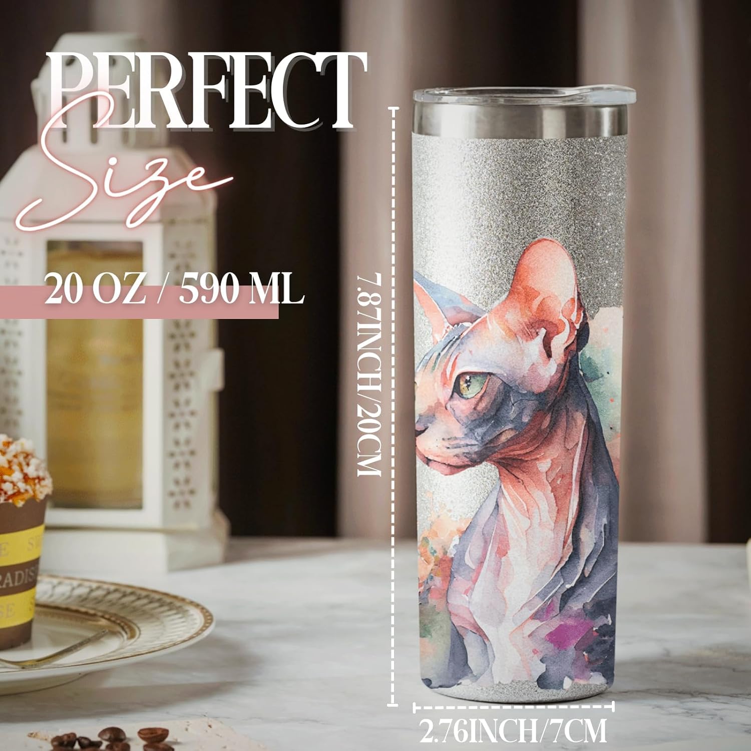 Onebttl Sphynx – Regalos para gatos de Esfinge, mamá o papá, vaso aislado de acero inoxidable de 20 onzas con popote, cepillo, tapa y caja de regalo
