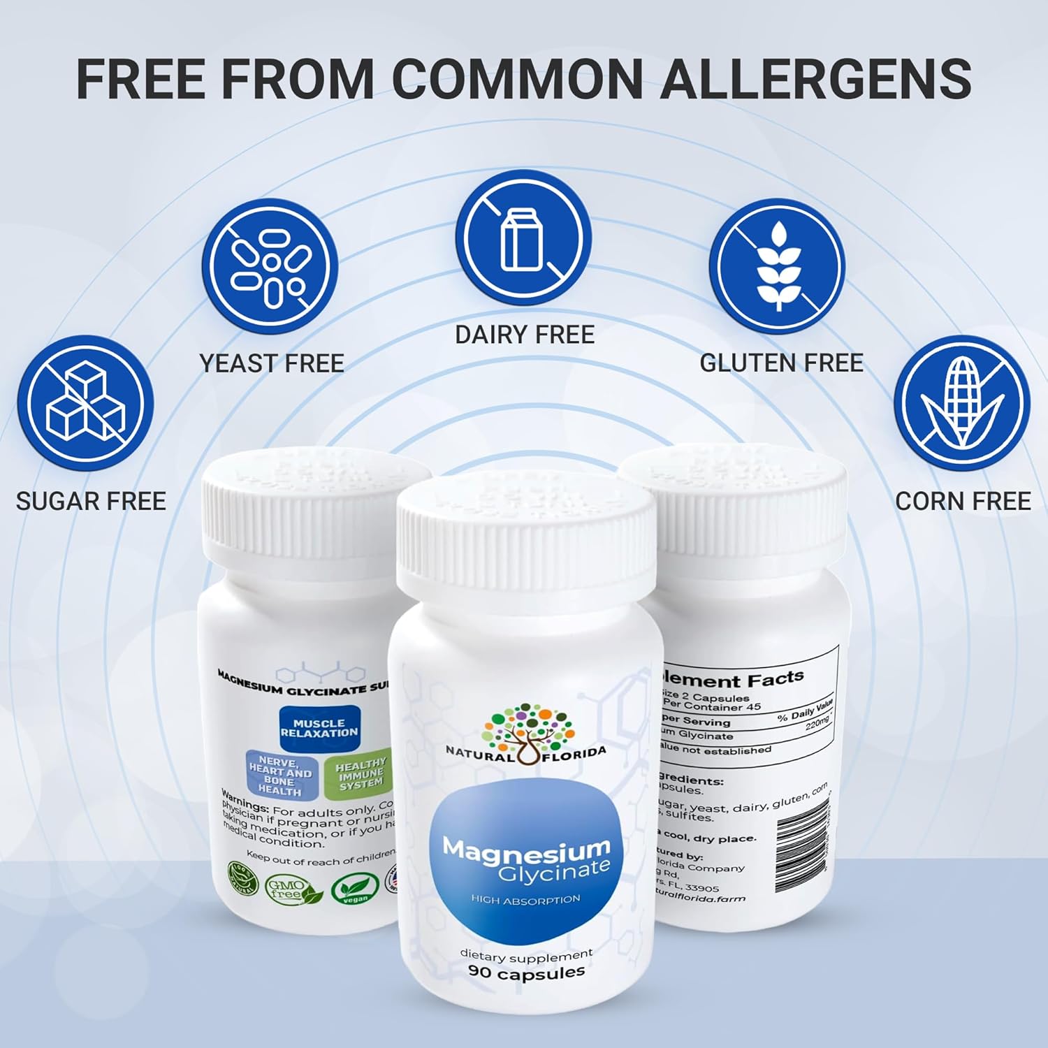 Glicinato de magnesio  Alta absorción, 90 cápsulas veganas, 220 mg por porción, Natural Florida, fabricado en Estados Unidos