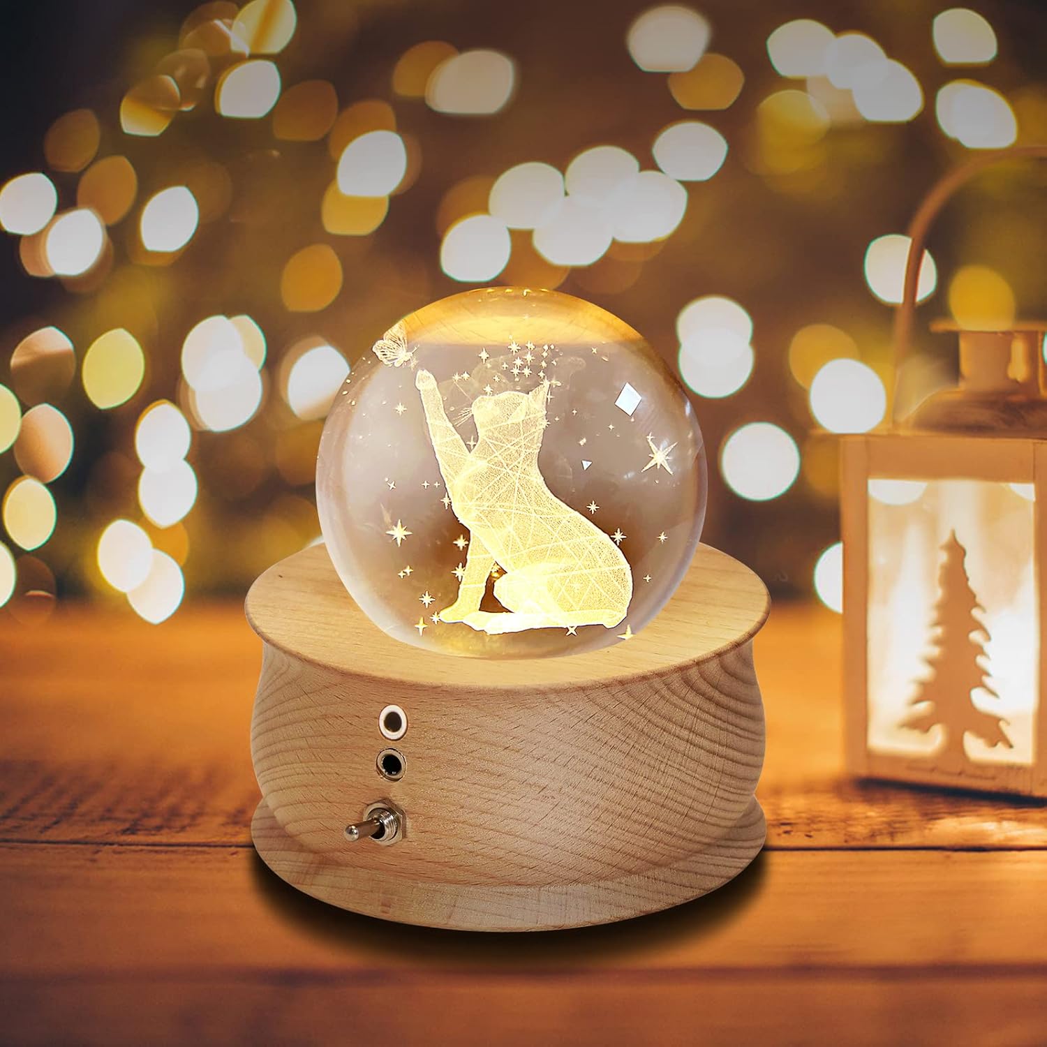 Caja de música de bola de cristal 3D, reflector LED, lámpara de noche de madera de lujo, el mejor regalo para niños, padres, abuelos, Navidad, día