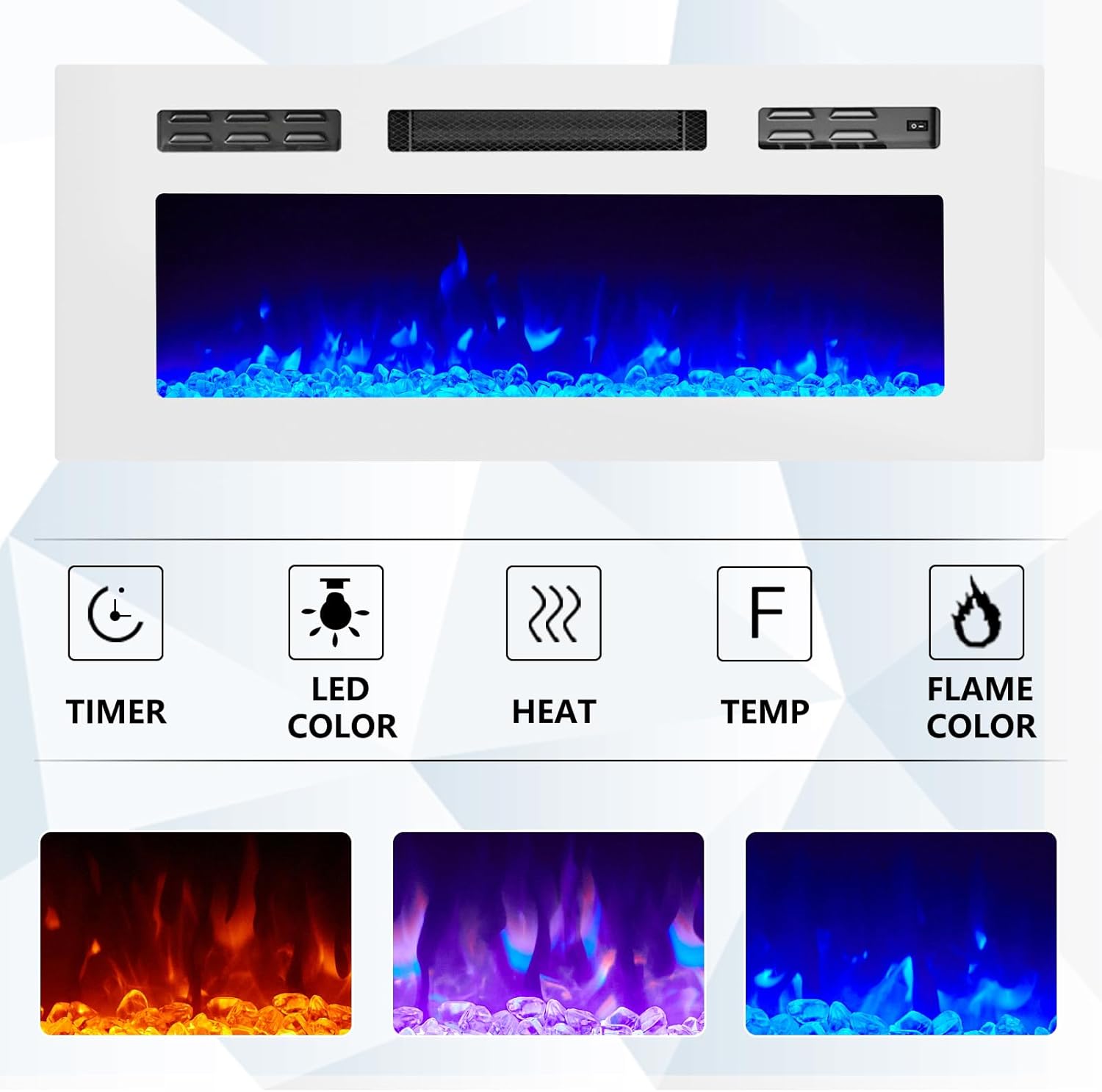 AMERLIFE Soporte de TV flotante con chimenea eléctrica de 36 pulgadas, acabado brillante, centro de entretenimiento con chimenea con almacenamiento
