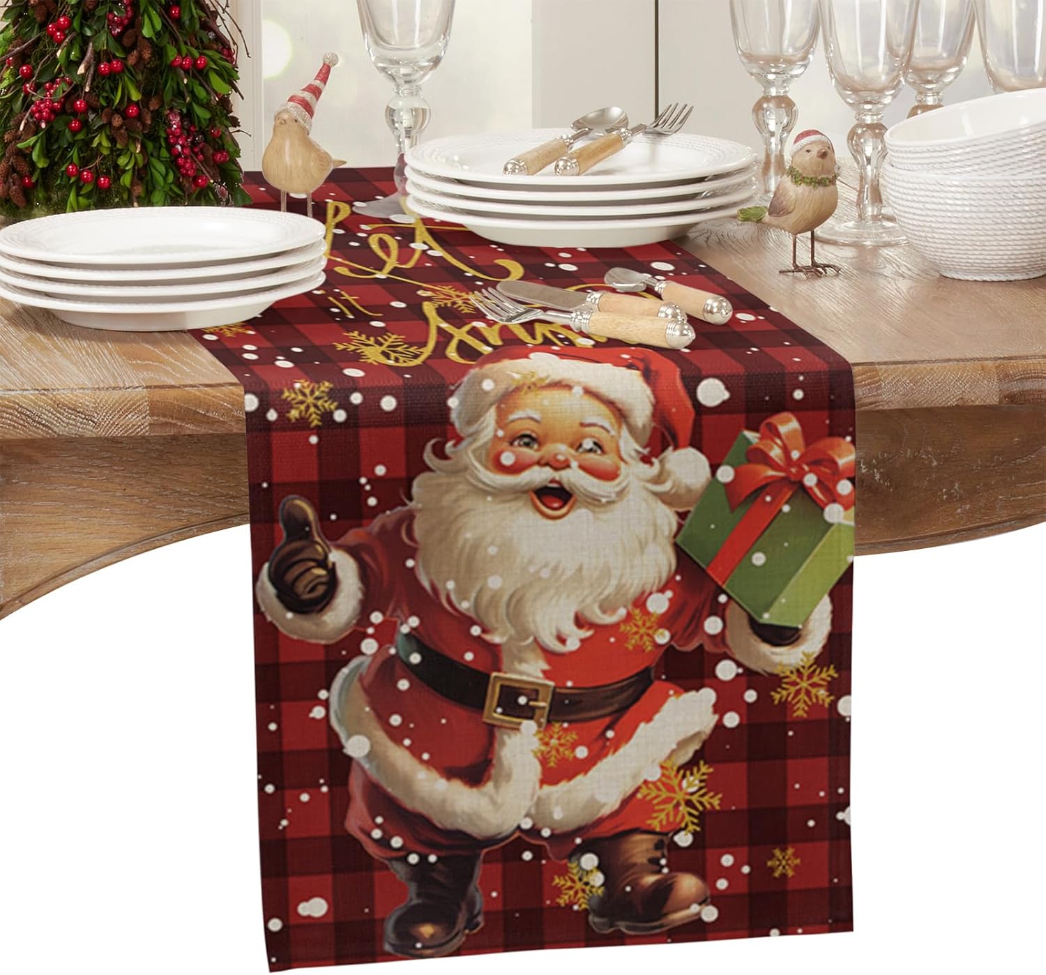 Camino de mesa de Navidad de Papá Noel con regalo, clásico rojo y negro, a cuadros, bufandas de cocina, comedor, caminos de mesa para interiores y