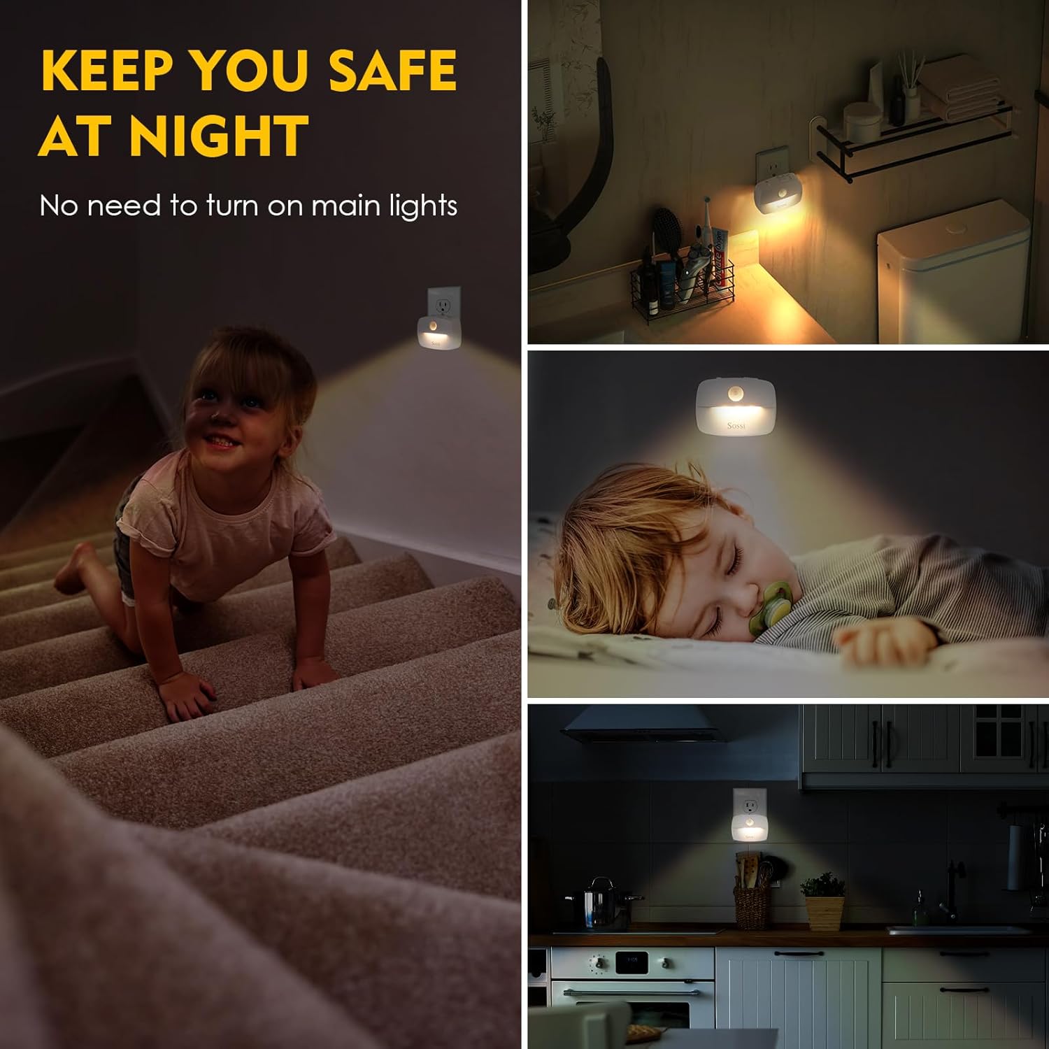 Sossi Paquete de 4 luces nocturnas con sensor de movimiento, atenuación continua de 10 a 60 lúmenes, 3 modos de luz con memoria, luces nocturnas