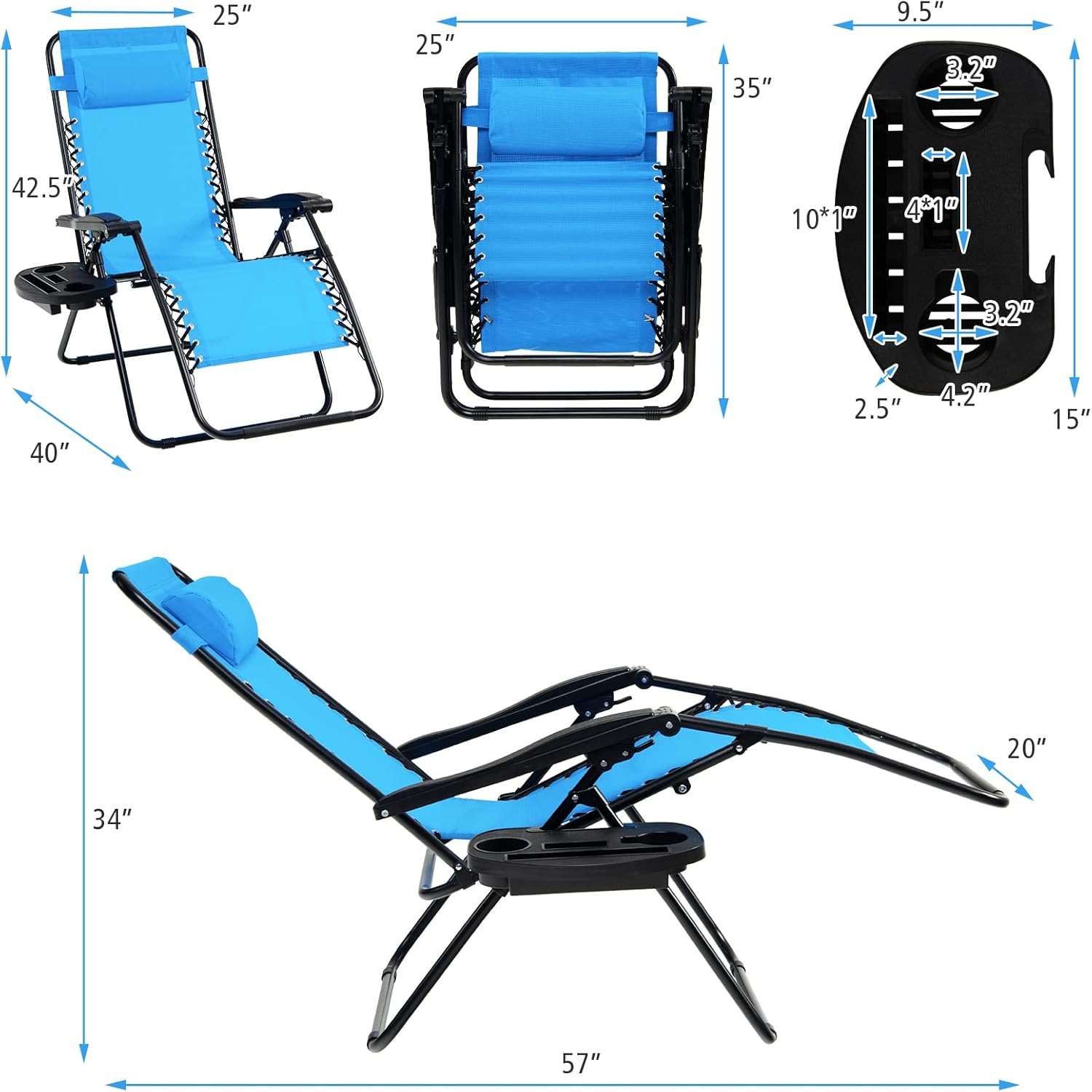 Tangkula Juego de 2 sillas de gravedad cero, silla plegable para patio, reclinable, ajustable, con soporte para tazas, reposabrazos anchos para