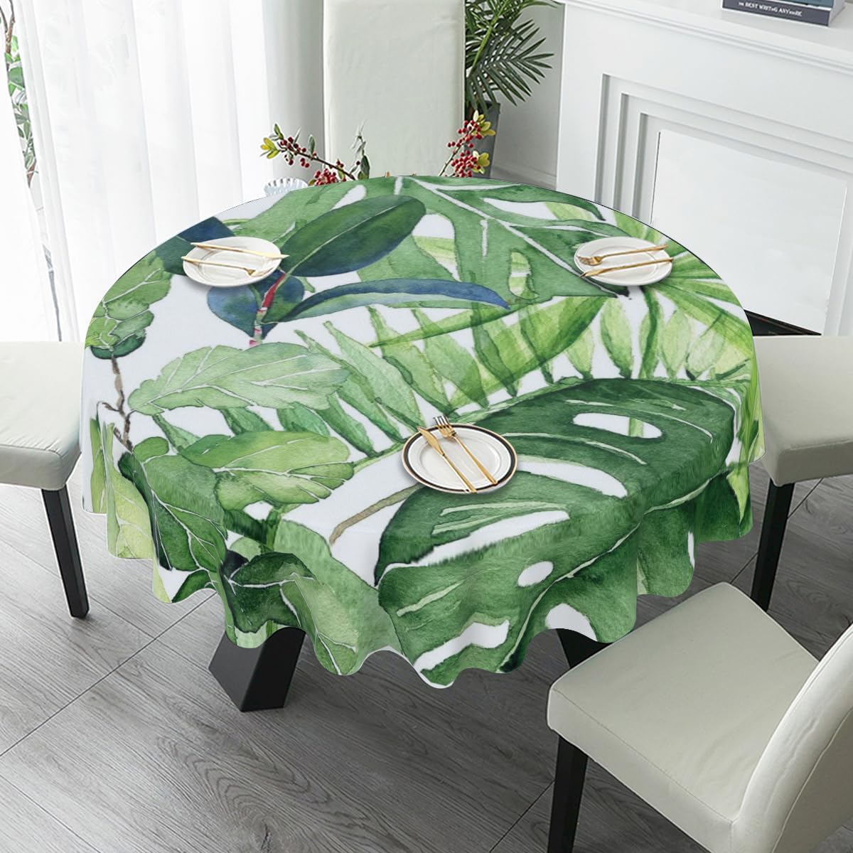 Mantel redondo de hoja de palma tropical de 60 pulgadas, lavable, mantel de hojas de plátano verde de verano para cocina, comedor, fiesta, picnic,
