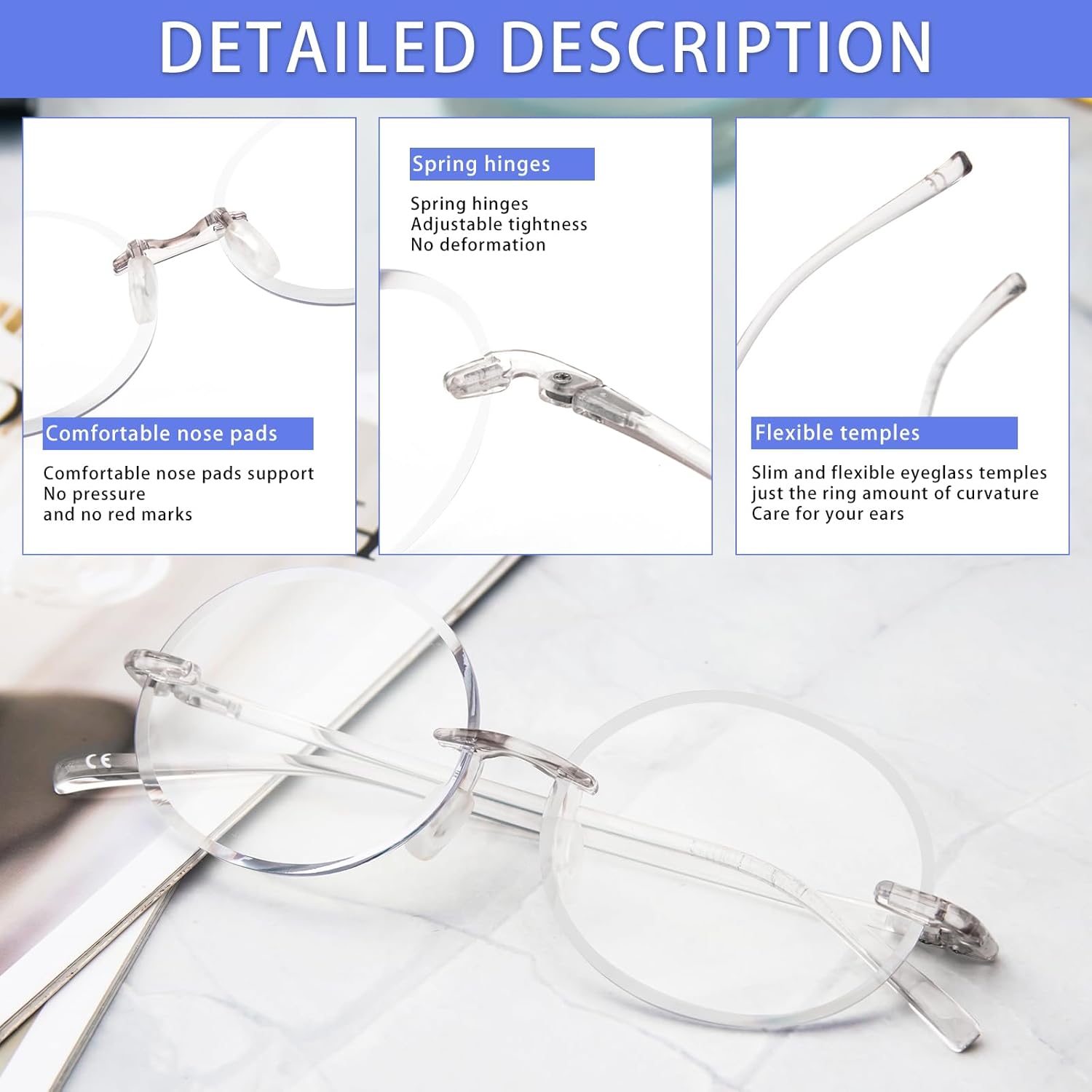 KoKoBin 3 Pack Rimless Round Reading Glasses,Blue Light Blocking for Men and Women