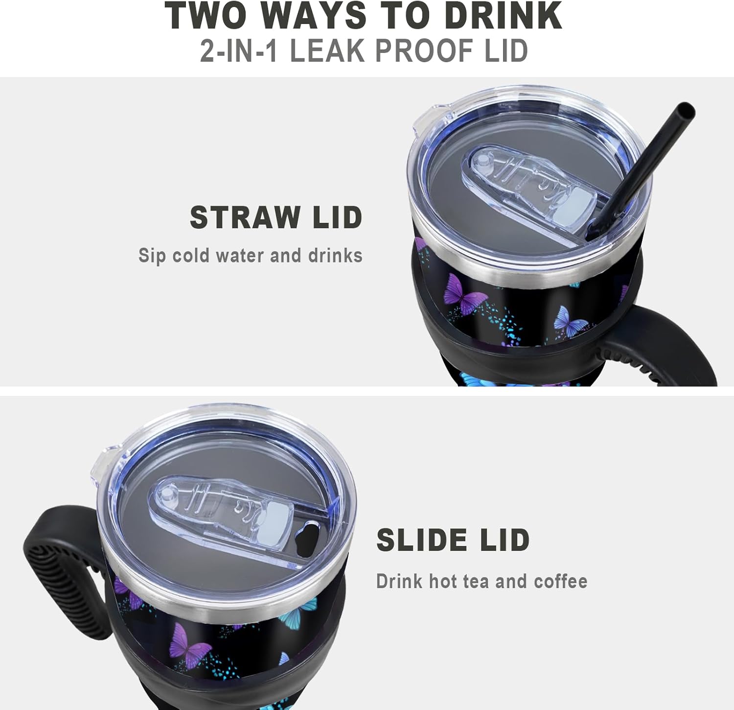 Vaso de 40 onzas con asa y popote de 40 onzas, taza de mariposa azul y morada, taza de viaje aislada para café a prueba de derrames, a prueba de