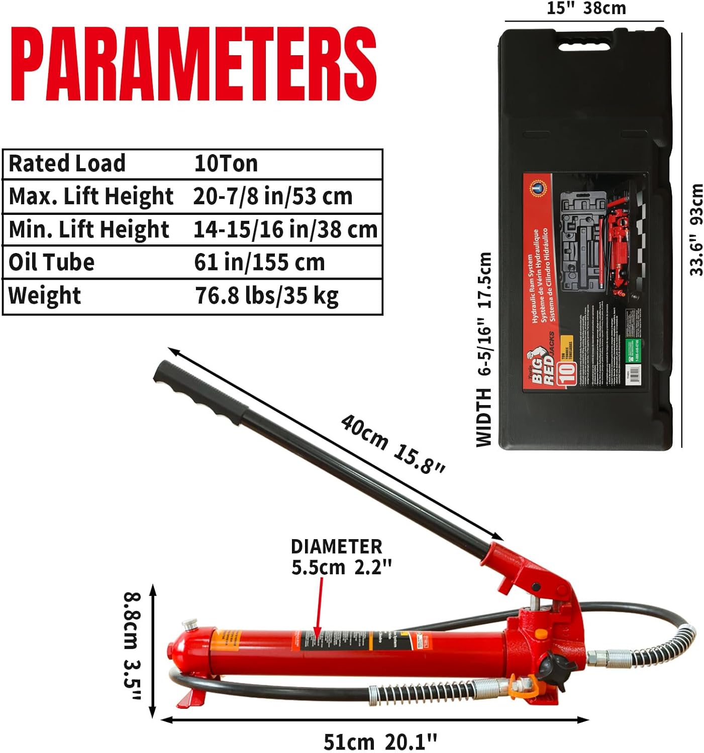 Torin – Cilindro hidráulico portátil de color rojo, kit de reparación estructural para automóvil con funda móvil, capacidad para 10 toneladas