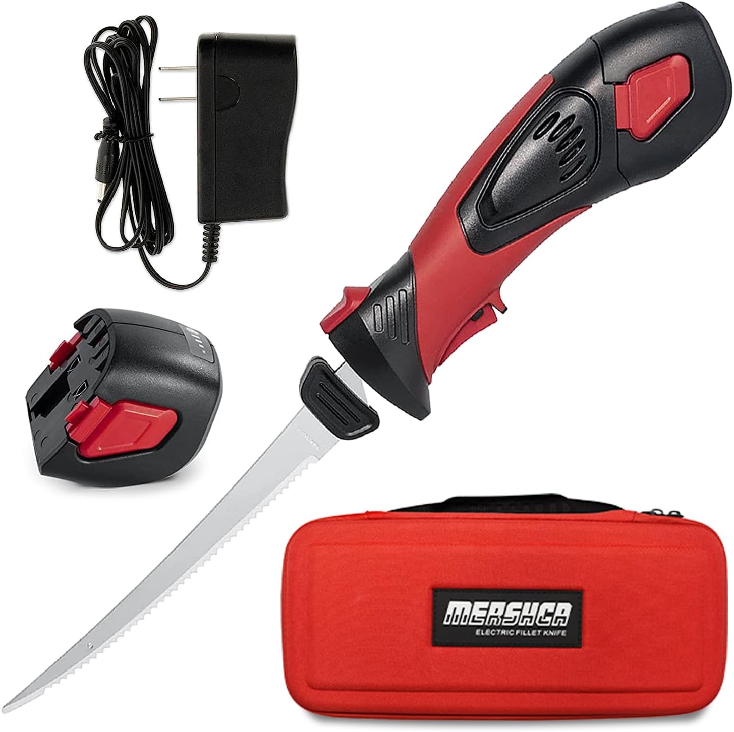 Mershca Cuchillo de filete eléctrico inalámbrico, con cuchillas recíprocas antiadherentes de 8 pulgadas con revestimiento SS totalmente dentado y