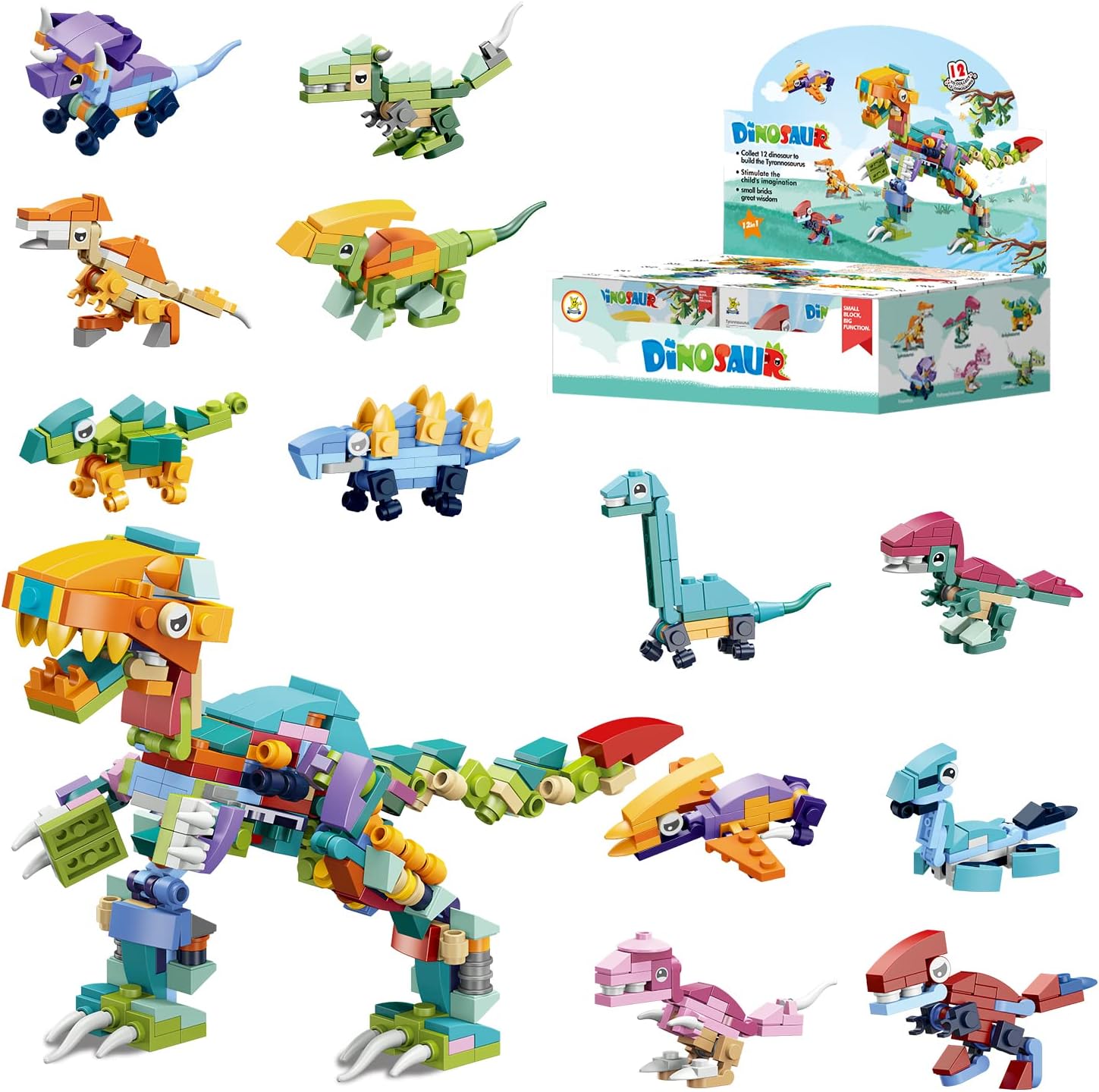 Juego de bloques de construcción de dinosaurios prellenados 12 en 1, 12 piezas de mini bloques de construcción, juguetes de bloques de construcción