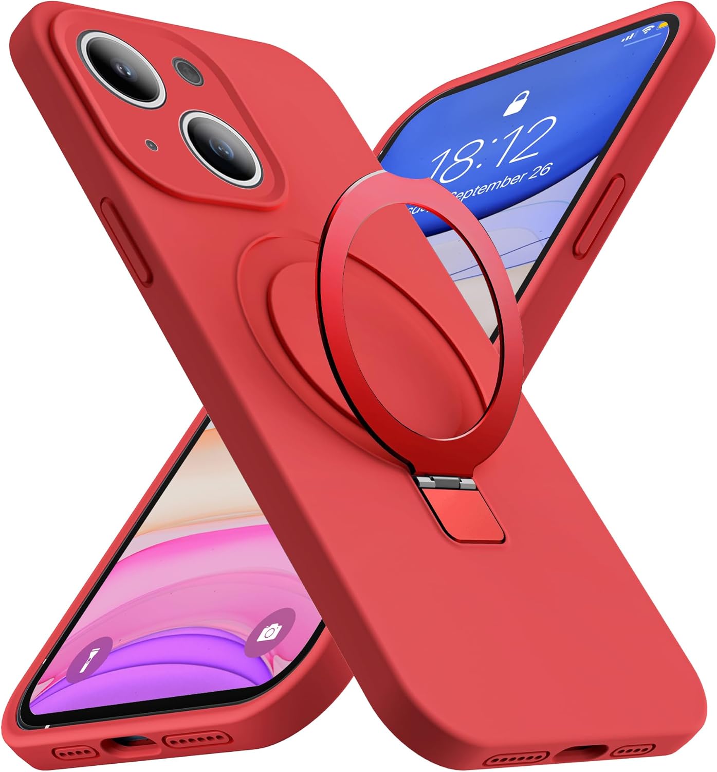 Funda de silicona para iPhone 13 y iPhone 14 con soporte de anillo magnético, iPhone 13 y 14 de 6.1 pulgadas para mujeres y hombres, compatible con