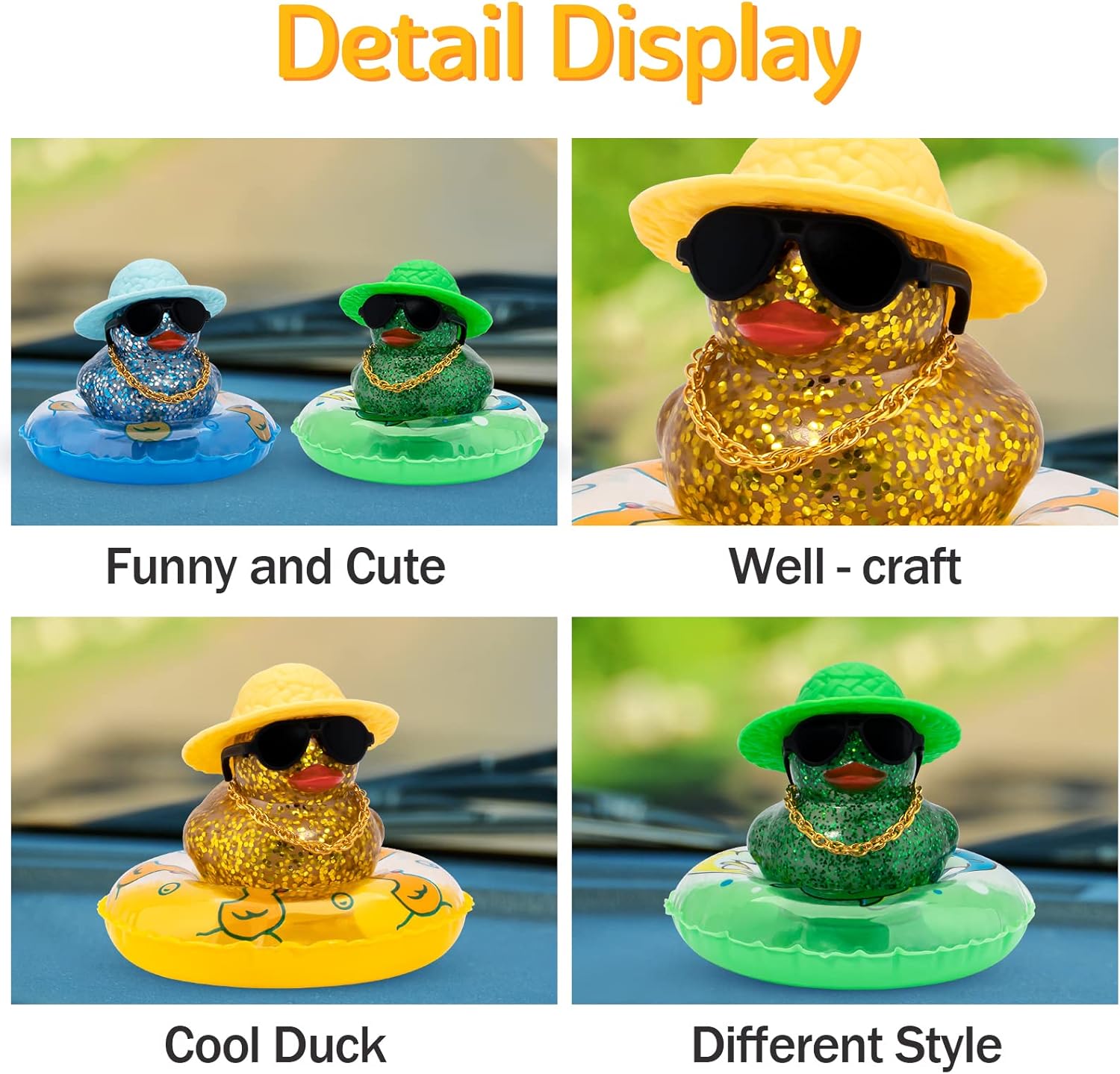 wonuu Patos de goma brillantes con gafas de sol de plástico, anillo de natación, sombrero de collar, accesorios brillantes para automóvil,