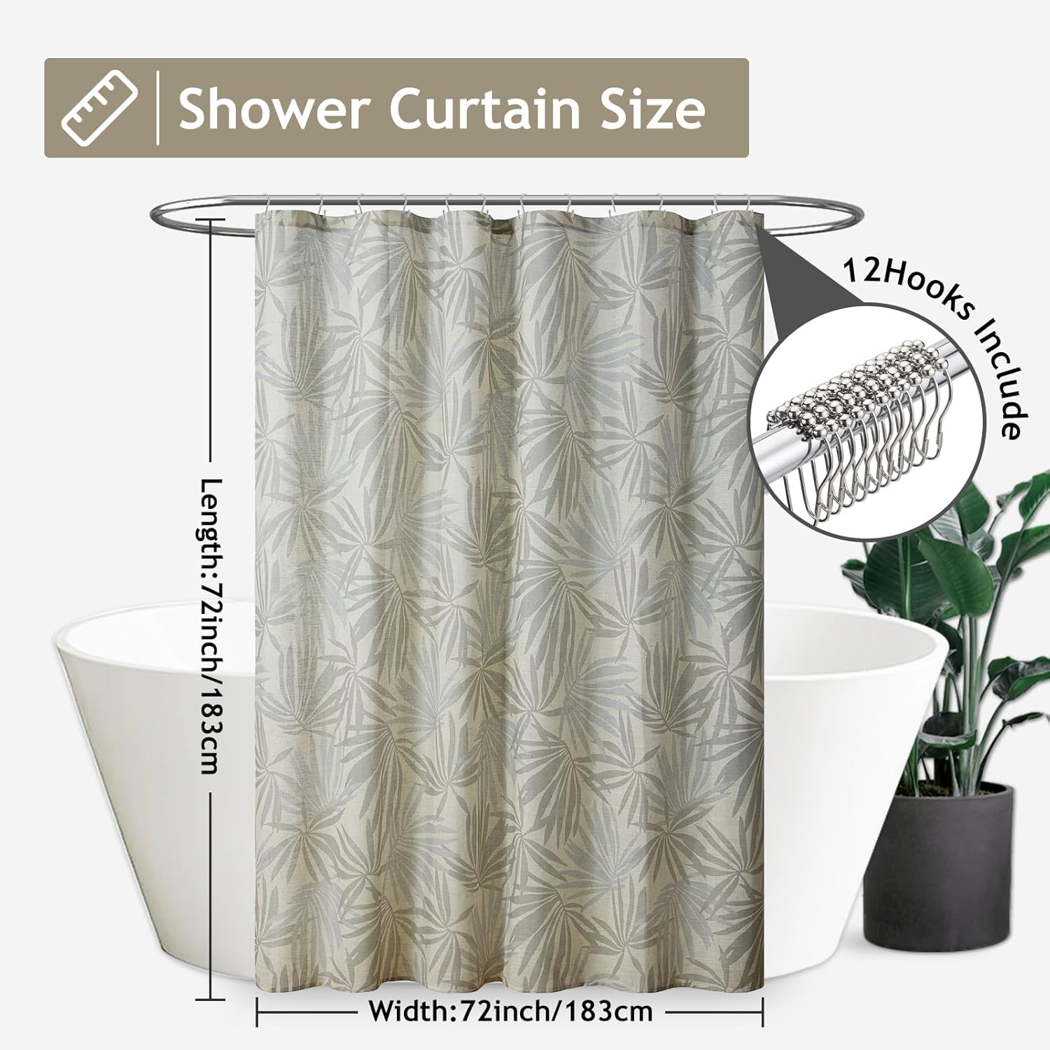 Cortina de ducha para baño, color gris y beige, mezcla de lino, hojas y plantas, juego de cortinas de ducha para baño, resistente, 12 ganchos