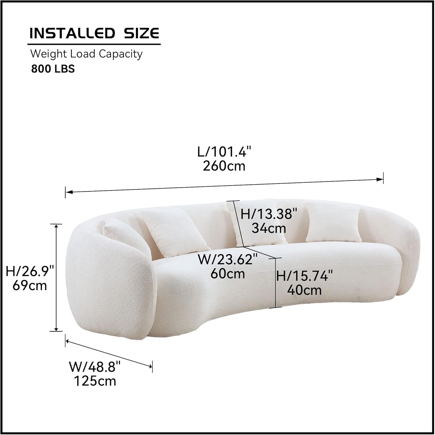 JUSTONE Sofá de sala de estar curvado moderno de mediados de siglo de 101 pulgadas, sofá de tela Boucle de 4 asientos para dormitorio, oficina,