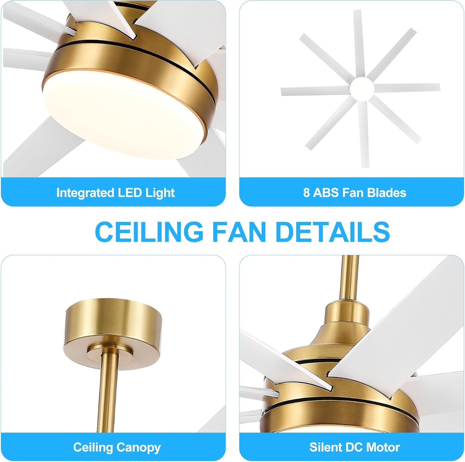Breezary Ventilador de techo dorado de 65 pulgadas con control remoto de luces LED, moderno ventilador de techo de granja con motor de CC