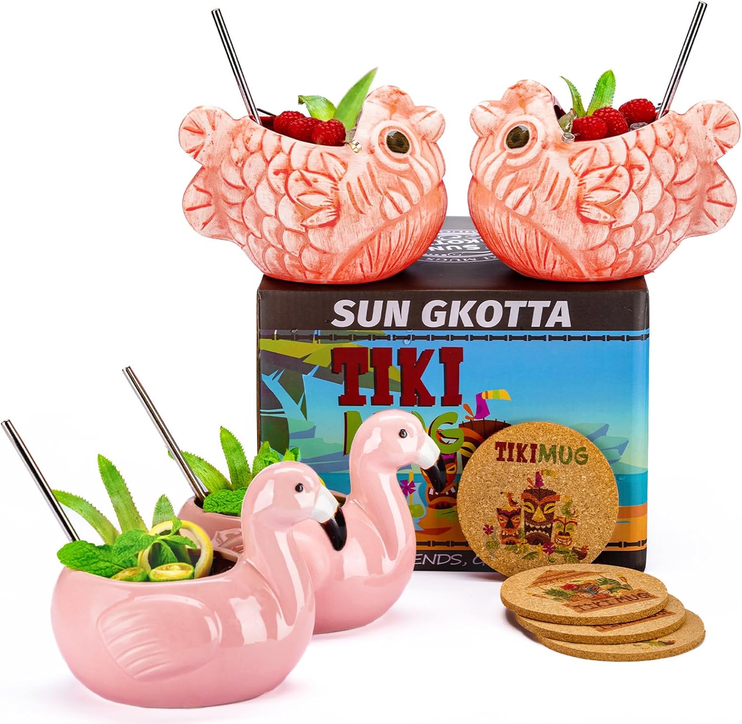 Juego de 4 tazas Tiki para cóctel y jugo, lindo juego de regalo de taza tiki de cerámica, copas de cóctel con forma de animal para fiesta hawaiana,