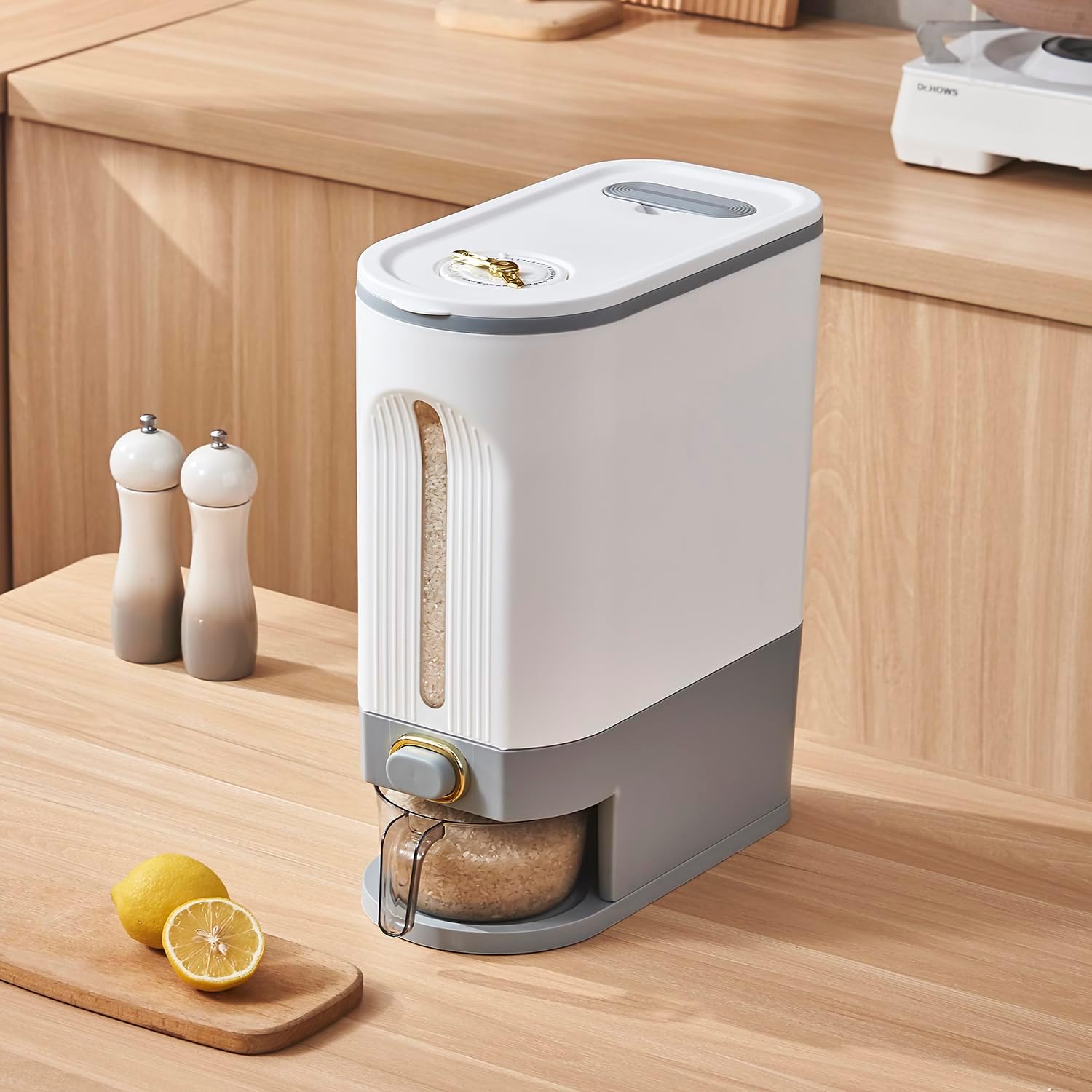 Sooyee Dispensador de arroz de 22 libras, contenedor de grano grande con tapa, cilindro de medición a prueba de humedad, cubo dispensador de