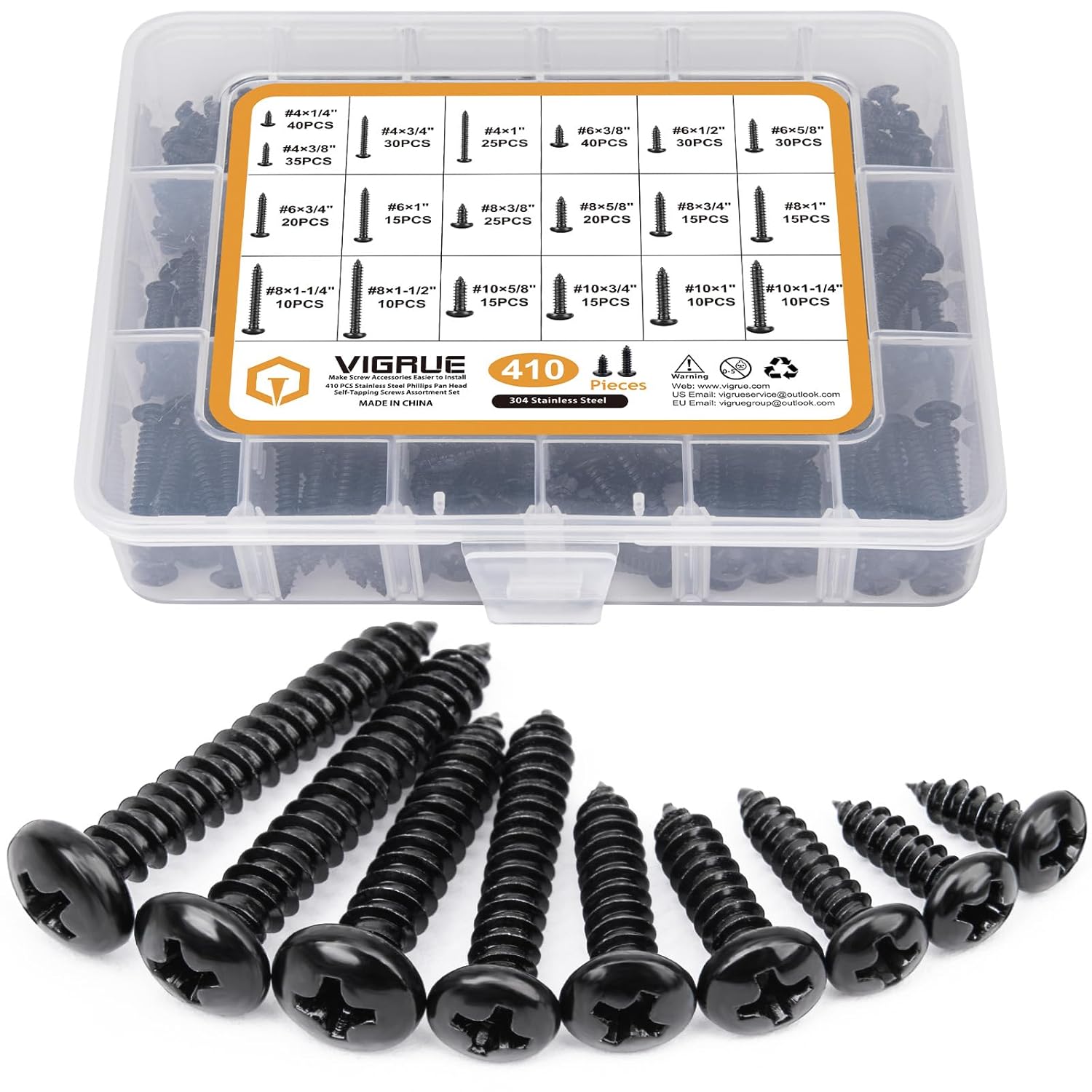 VIGRUE Juego de 410 tornillos de madera de acero inoxidable negro #4#6#8#10 Phillips Tornillos de chapa metálica de cabeza plana Tornillos de madera