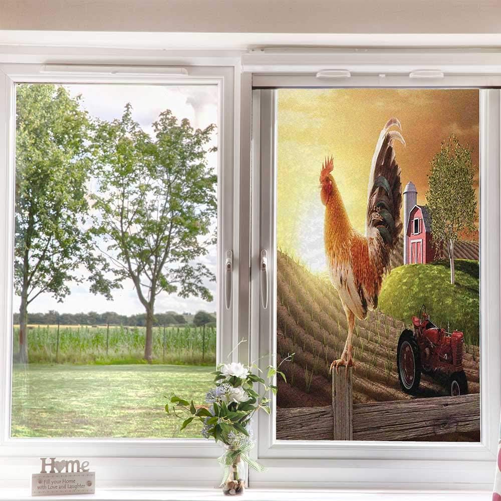 Adhesivos de película para ventana de campo, imagen de granja con gallo, animales de pájaro temprano, naturaleza y sol naciente, sin pegamento para