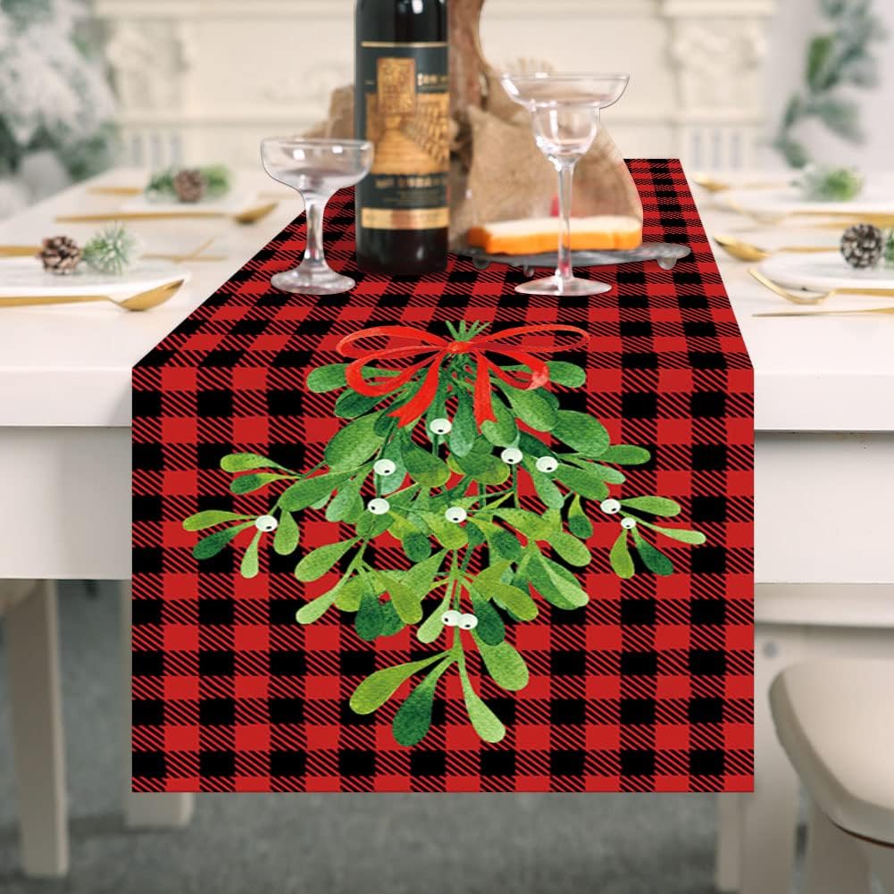 Camino de mesa navideño de muérdago y pino, búfalo a cuadros, mantel de temporada de invierno, Navidad, decoración de mesa de cocina, comedor para