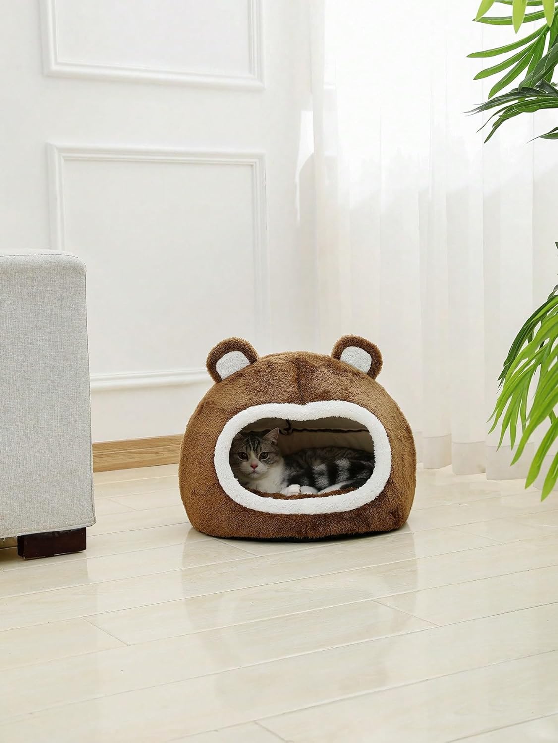 QWINEE Cama para gatos con forma de oso para interiores con cojín extraíble, tienda de campaña de felpa para mascotas, diseño de orejas de dibujos