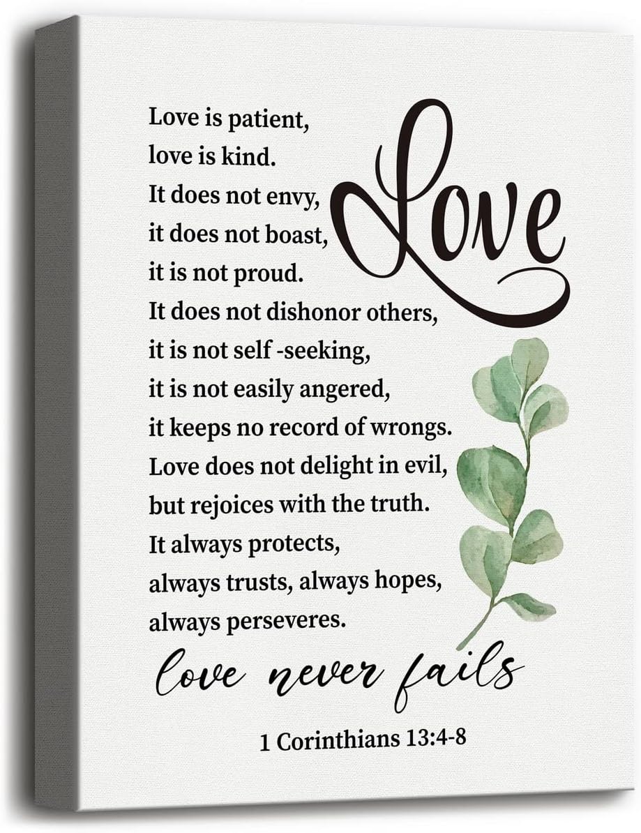 Lienzo decorativo para pared con texto en inglés Love is Patient Love is Kind 1 Corinthians 134-8, póster inspirador para decoración de pared para