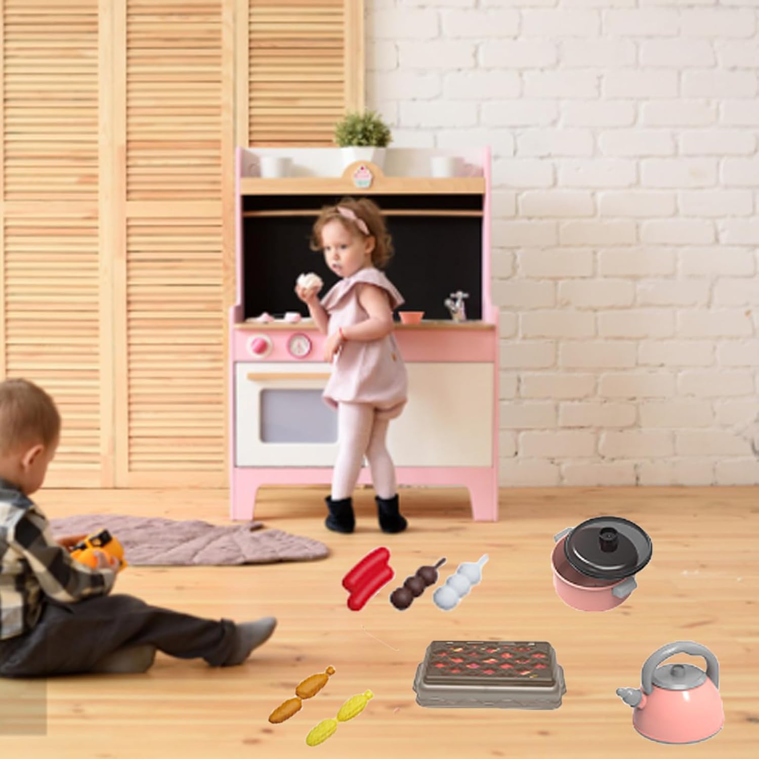 Juego de 61 accesorios de cocina para niños, juego de cocina para niños pequeños con ollas y sartenes, utensilios de cocina, juguetes de corte,