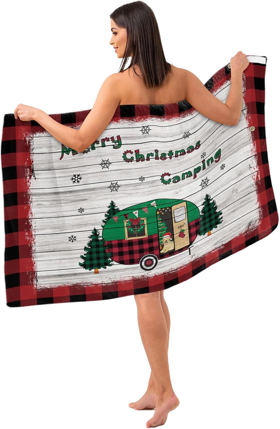 Shower Wrap Robe for Women Bath Body Towel Wrap Spa Merry Christmas Soft Absorbent Bathrobe with Adjustable Snap Closure Button Design Bathroom