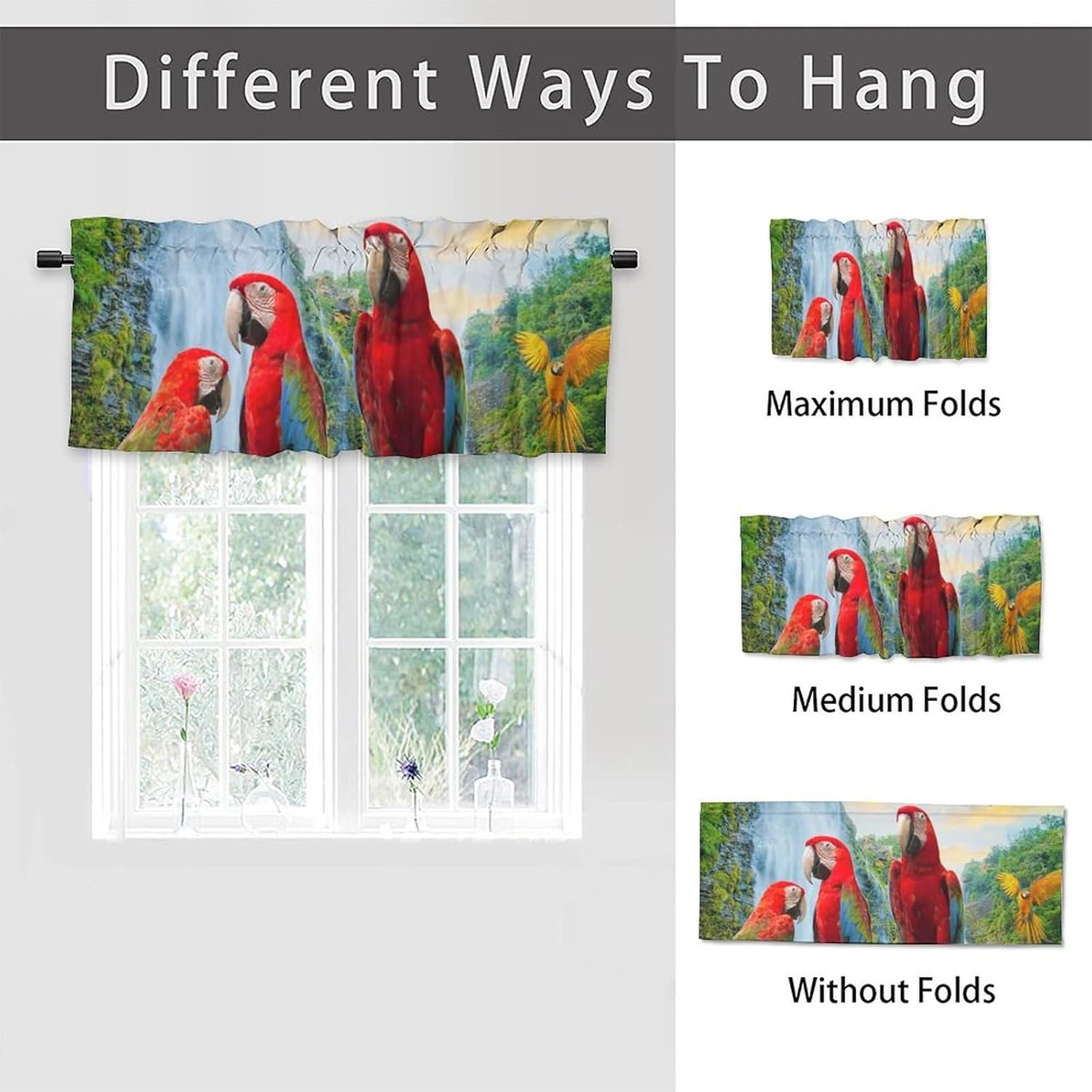 Divertidas cenefas de tratamiento de ventana de loro, con diseño de pájaros tropicales, hermosas cortinas de verano con bolsillo para cortinero,