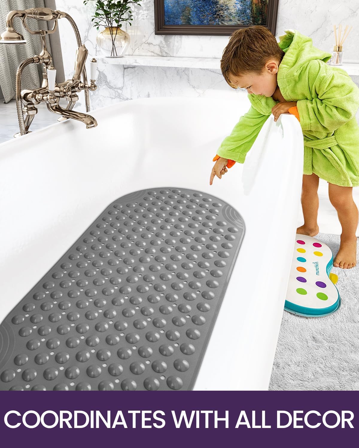 DEXI Tapete de bañera antideslizante para baño, bañera, taza de succión lavable de 16 x 35 pulgadas, color gris