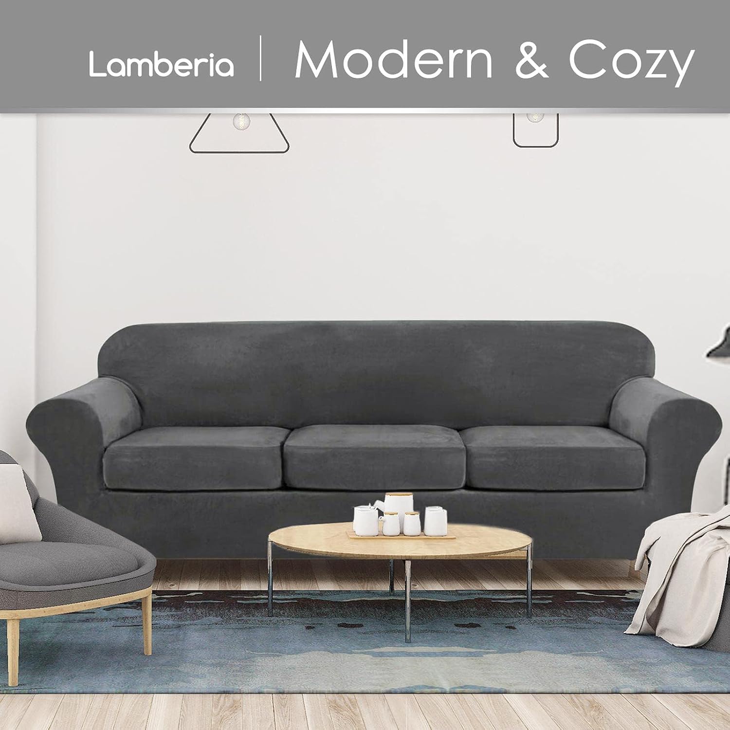 Lamberia – Funda de sofá de alta elasticidad para sofá de 3 cojines, 4 piezas gruesas y lavables, funda de terciopelo de felpa para sofá, funda