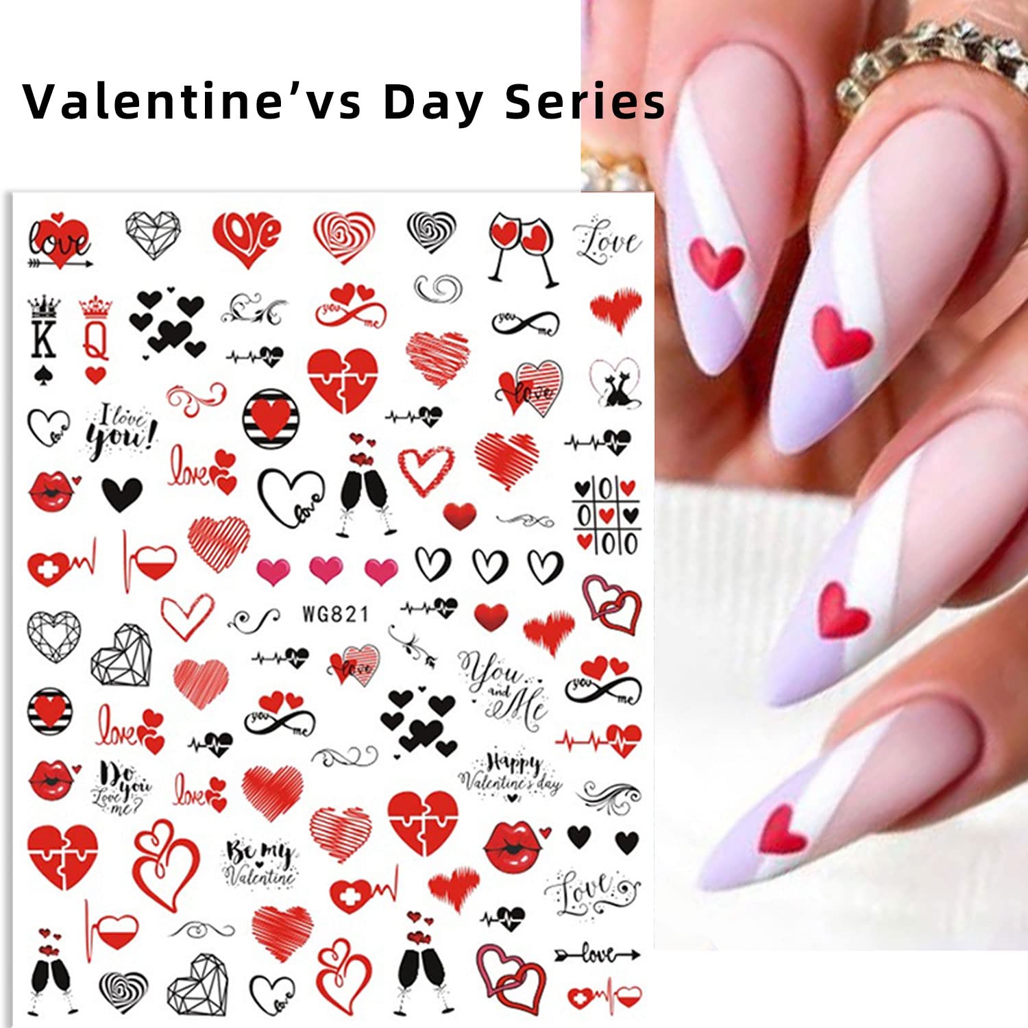 Calcomanías para decorarte las uñas con diseños de San Valentín, diseño de corazón negro y relacionados con el amor, en 3D, autoadhesivas, letras, 6
