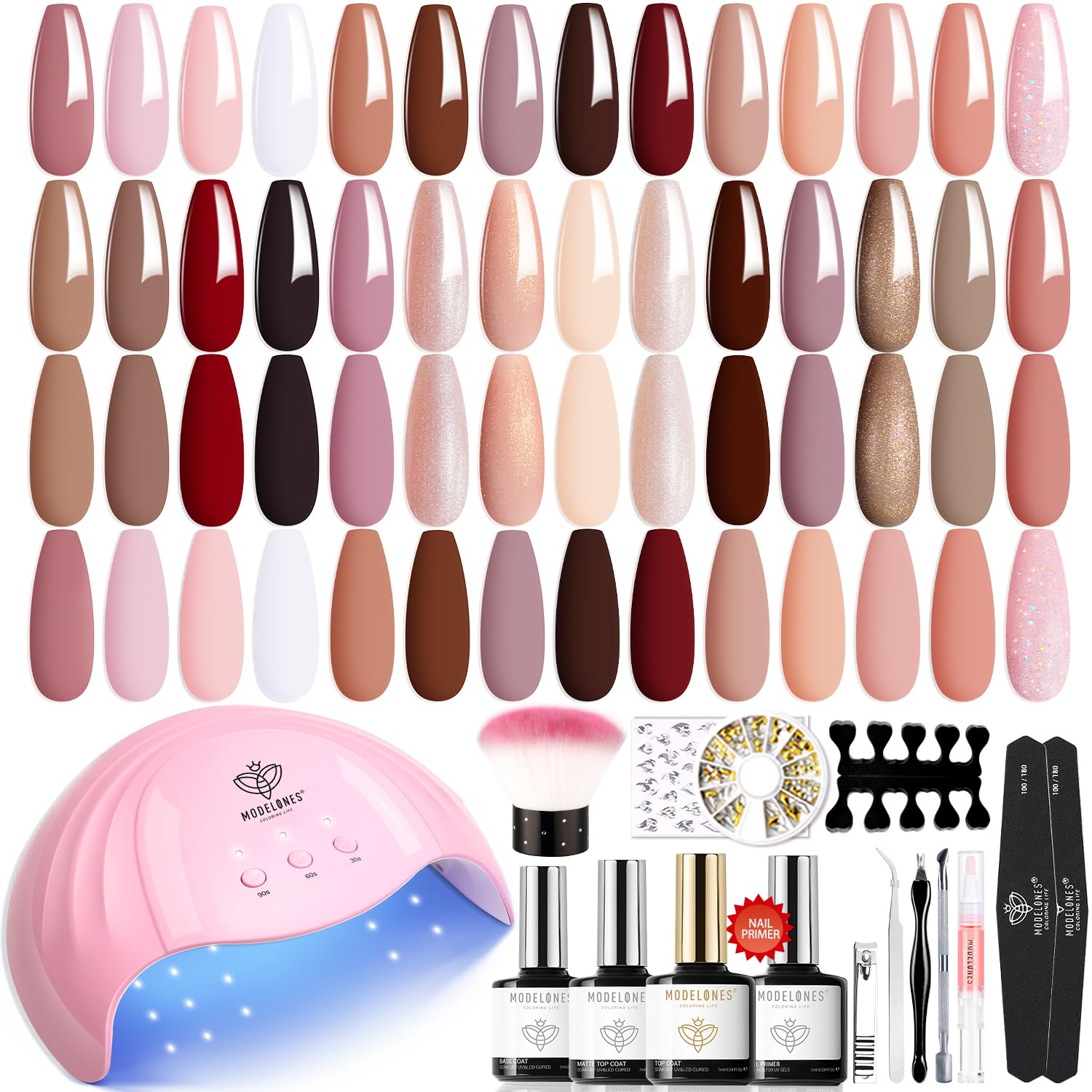 Modelones Kit de manicura de uñas de gel con lámpara de secado de uñas con luz UV, 28 colores nude, marrón, rosa, rojo, kit de iniciación de esmalte