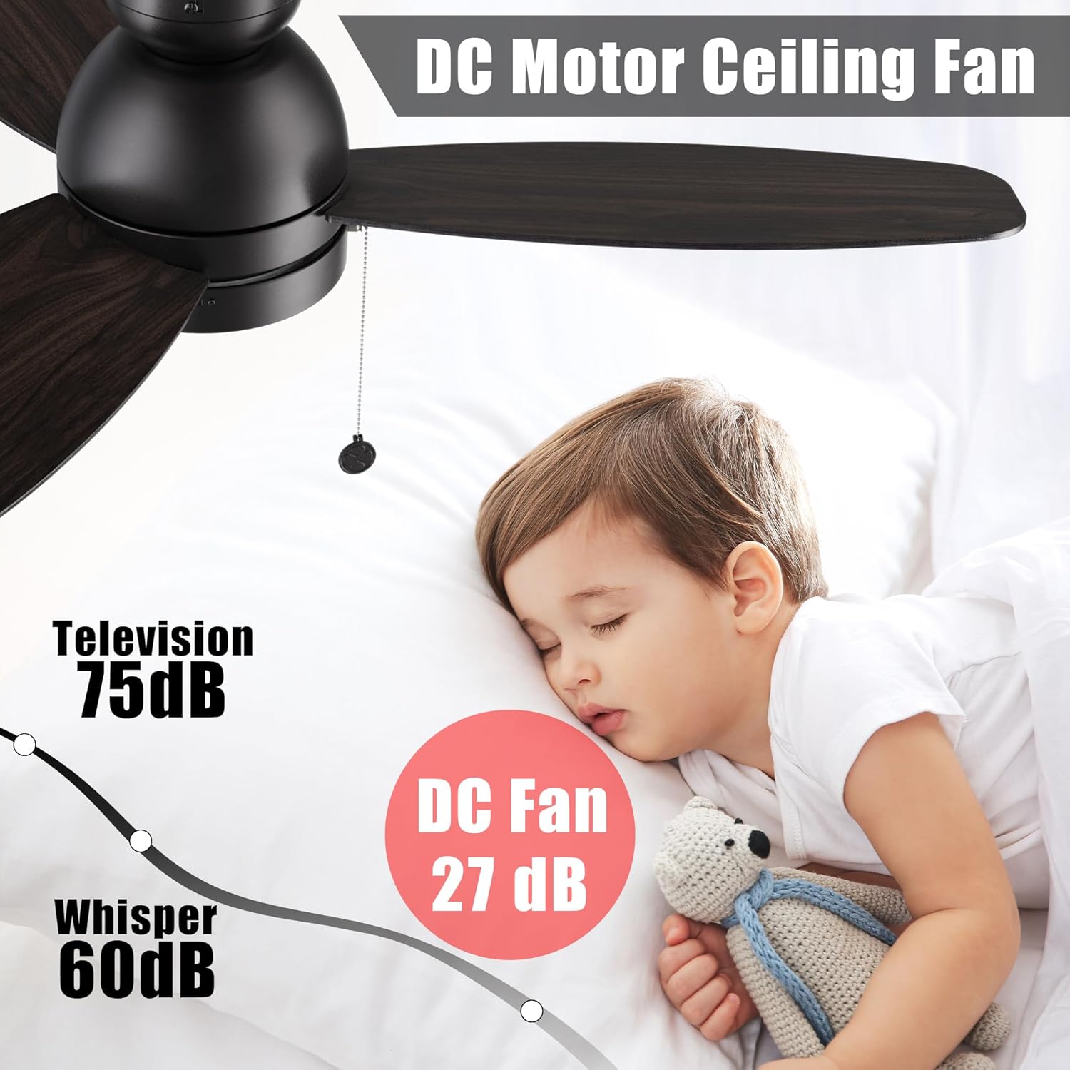Ventiladores de techo negros de 48 pulgadas con luces, ventilador de techo CC reversible de 5 velocidades con cadena de tracción, 3 colores de luz