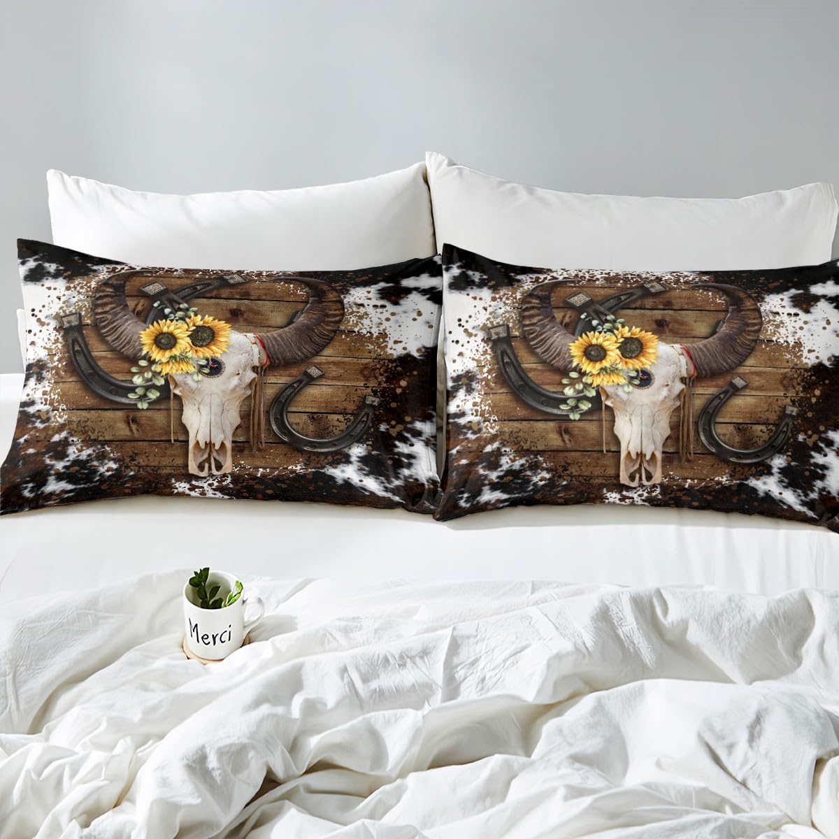 Juego de funda de edredón de calavera de vaca, tamaño Queen, juego de ropa de cama de madera de madera de vaca para niños, niñas y hombres,