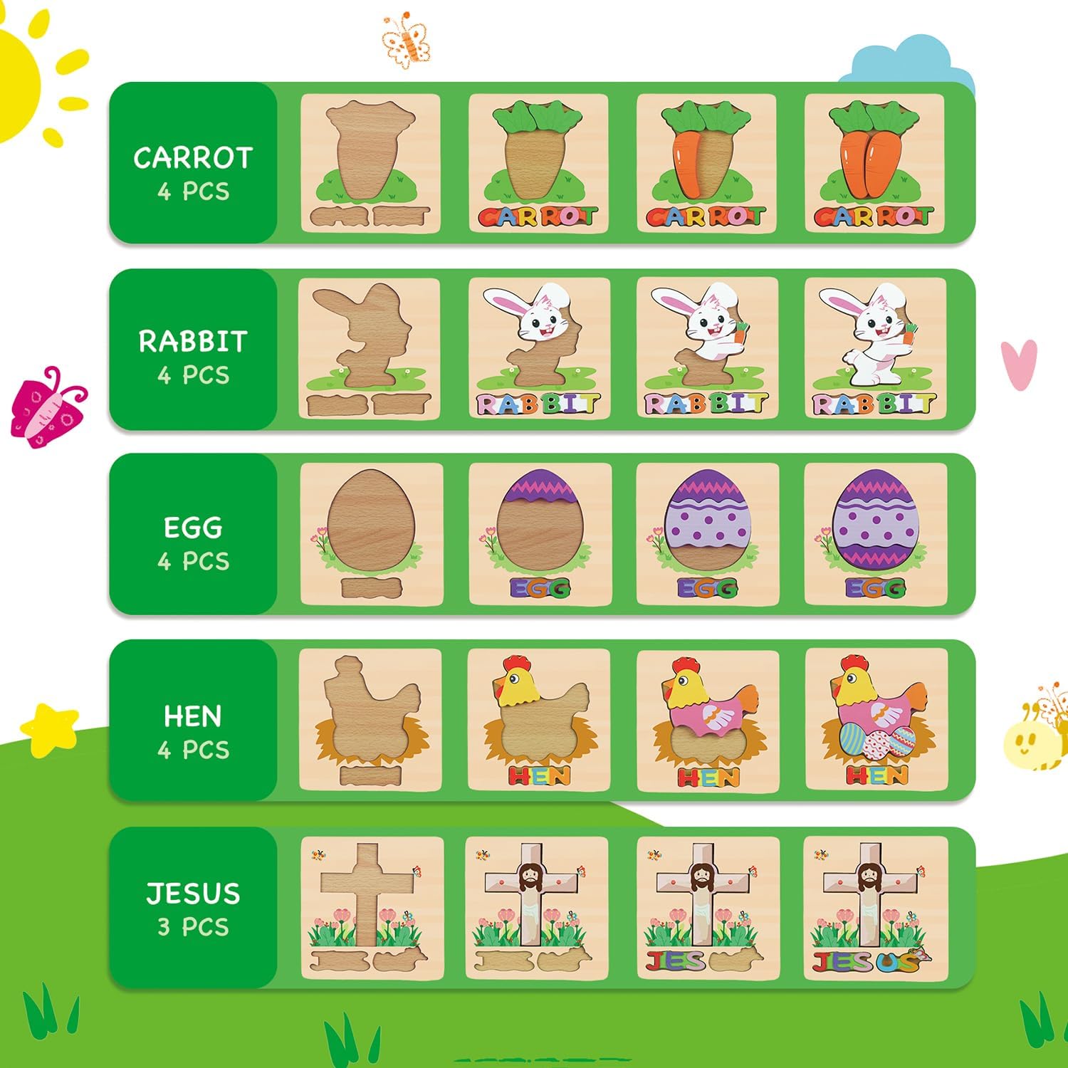 Relleno de cesta de Pascua para niños pequeños de 1, 2, 3 años, rompecabezas de madera para niños pequeños de 1 a 3 años, juguetes Montessori, 5
