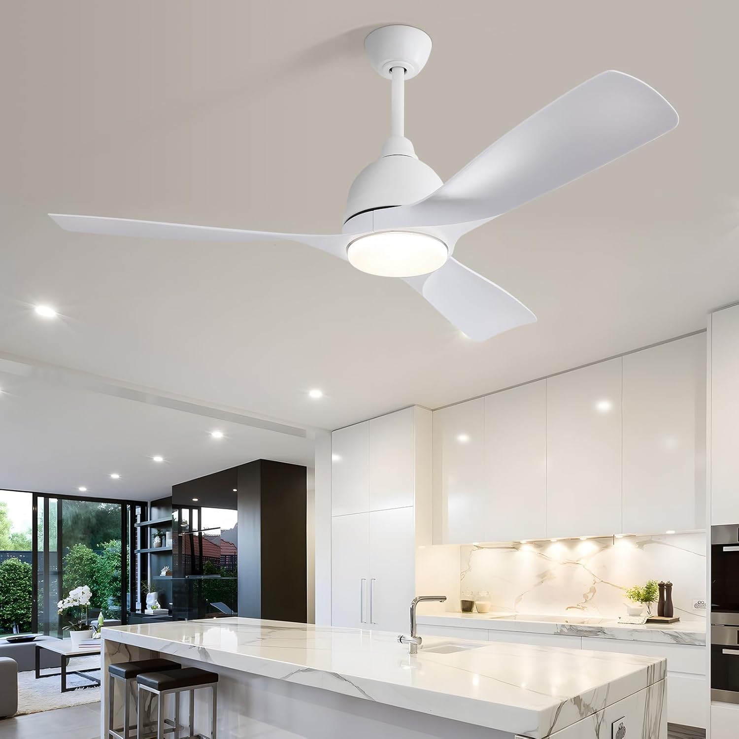 Sofucor Ventilador de techo inteligente moderno de 54 pulgadas con control remoto de luces, motor silencioso de CC de 3 aspas blancas ABS, LED