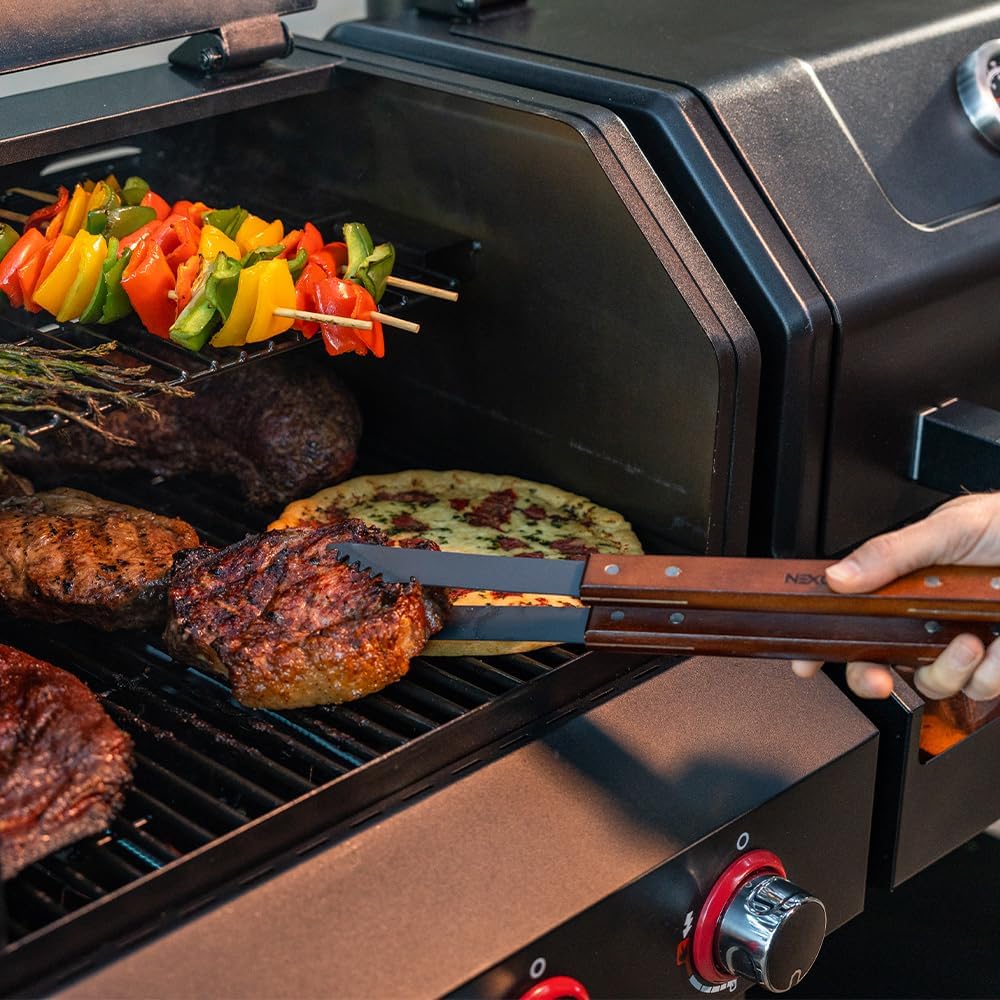 Nexgrill Juego de herramientas de 3 piezas con asas de madera, incluye espátula, palo para asar y pinzas de alta resistencia, acero antiadherente,