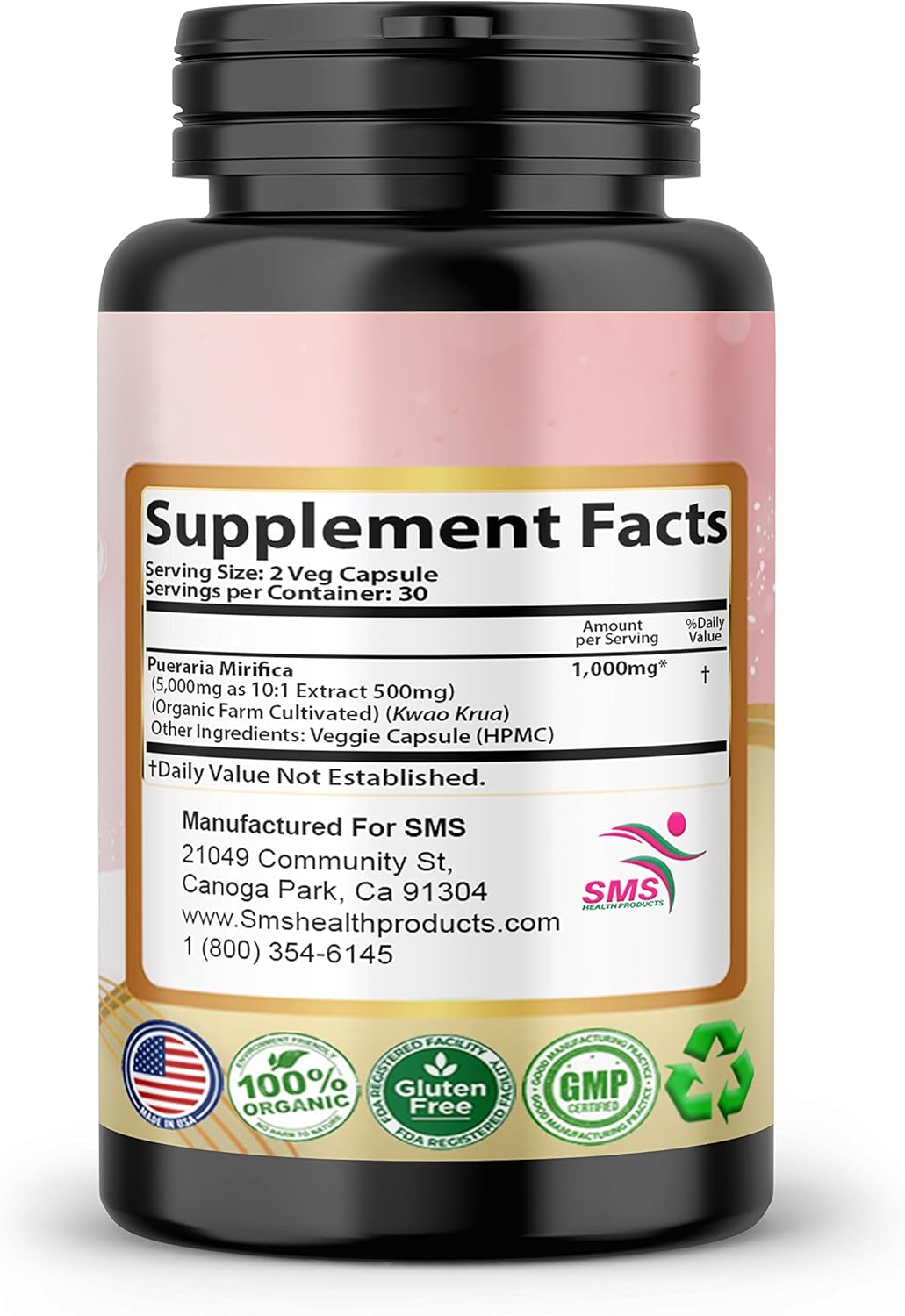 SMSHEALTHPRODUCTS.com Pueraria Mirifica (Kwao Krua Kao) Cápsulas orgánicas naturales diarias de 3000 mg – para hombres, mujeres, transexuales –