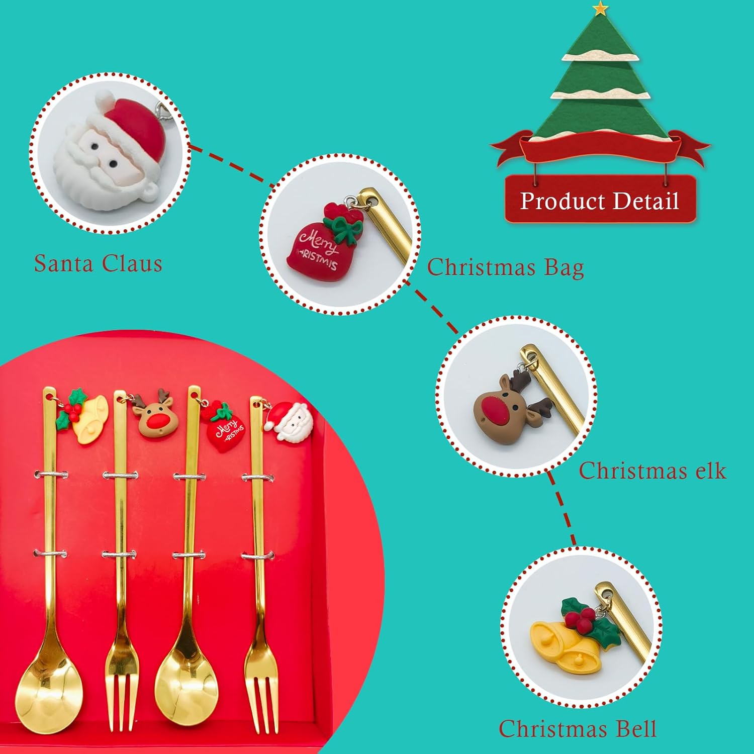 Juego de cuchara de café de Navidad de acero inoxidable y tenedores de cena de Navidad, cuchara de postre, cuchara para revolver, cuchara de té