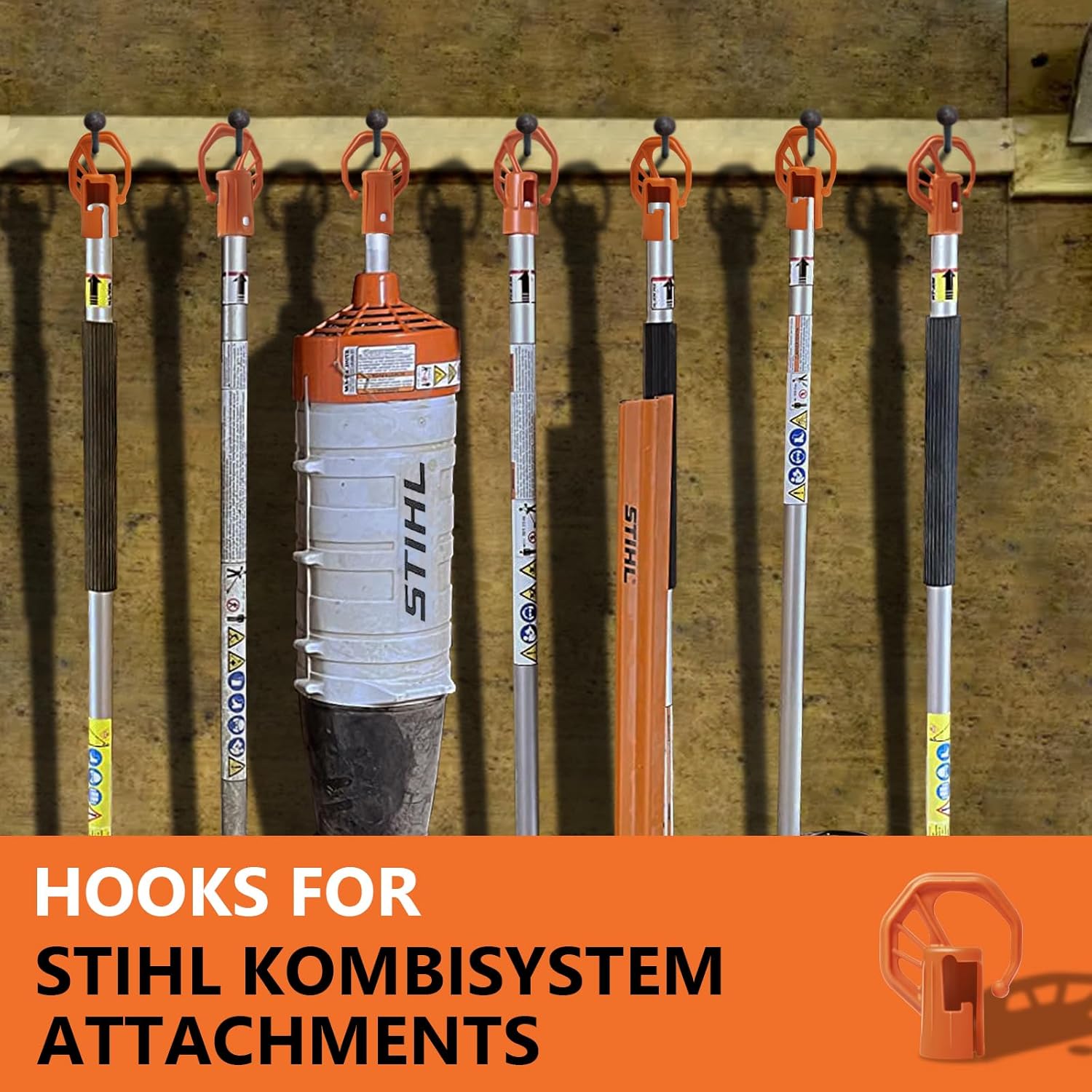 Paquete de 3 ganchos de almacenamiento de garaje resistentes + 1 paquete de estante para recortadora para accesorios Stihl Kombi, soporte de