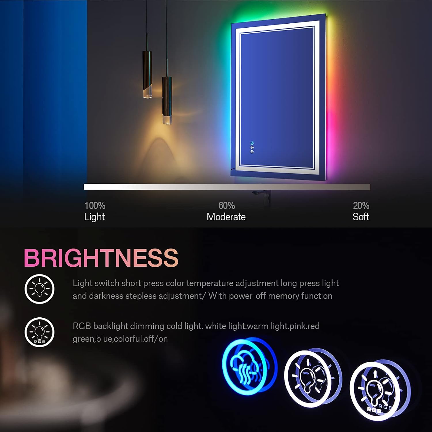 Espejo de baño LED RGB de 30 x 36 pulgadas con luces, espejo LED RGB retroiluminado que cambia de color para baño, espejos de tocador iluminados