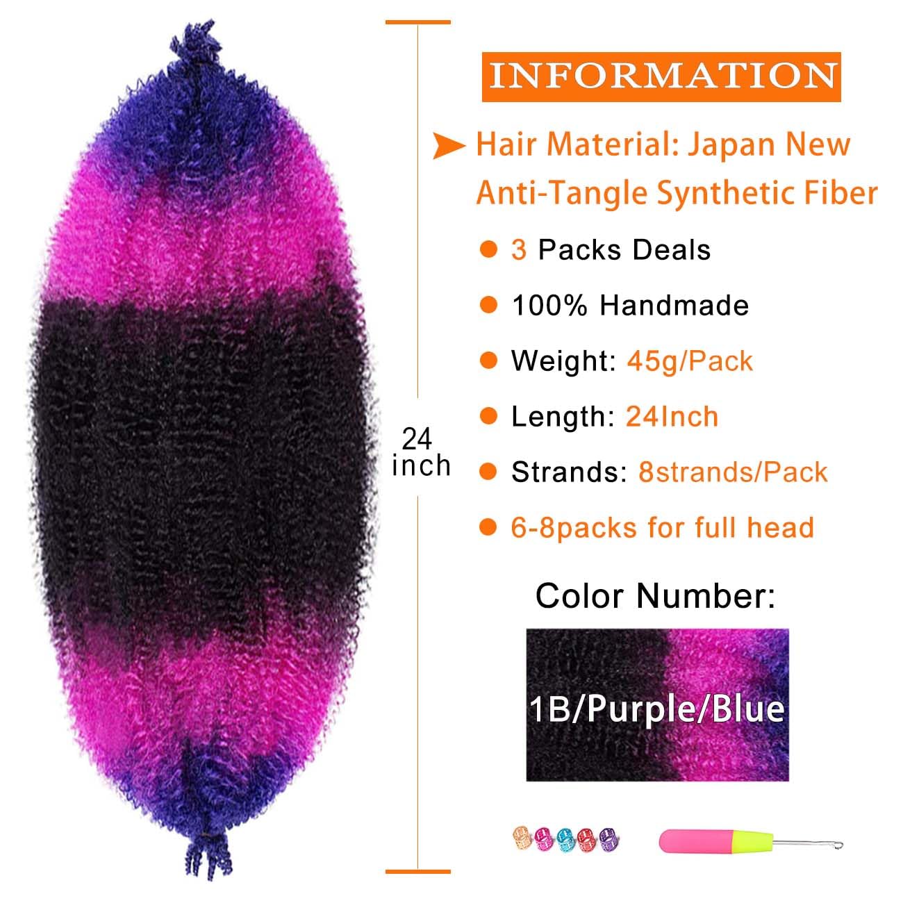 Cabello afro Twist de 24 pulgadas, negro, morado, azul, 3 paquetes de extensiones de cabello trenzado con resorte afro elástico (24 pulgadas, 3