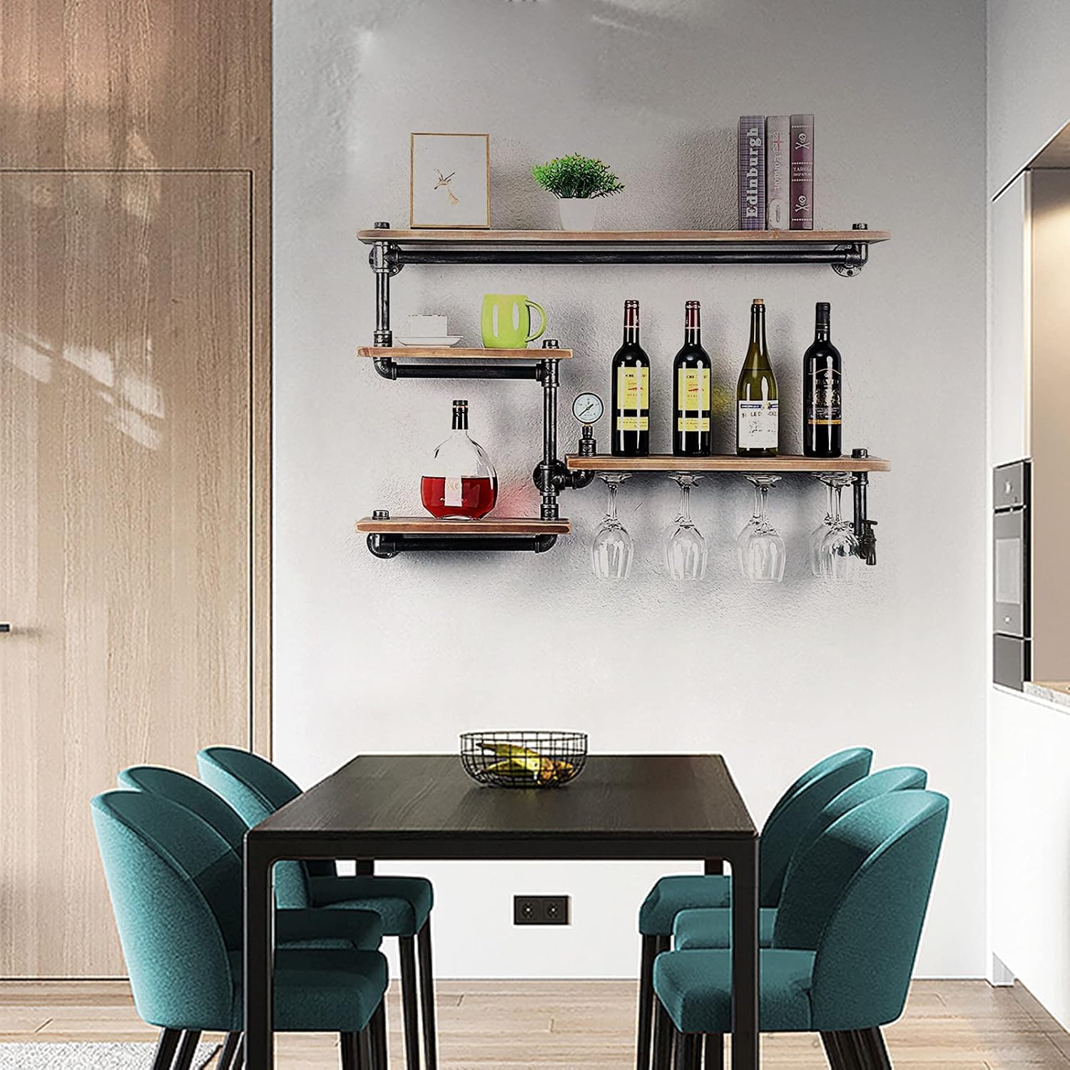 DYRABREST Estante para copas de vino, estante de tubo industrial montado en la pared, soporte para botella de vino, 39.37 pulgadas, estante flotante