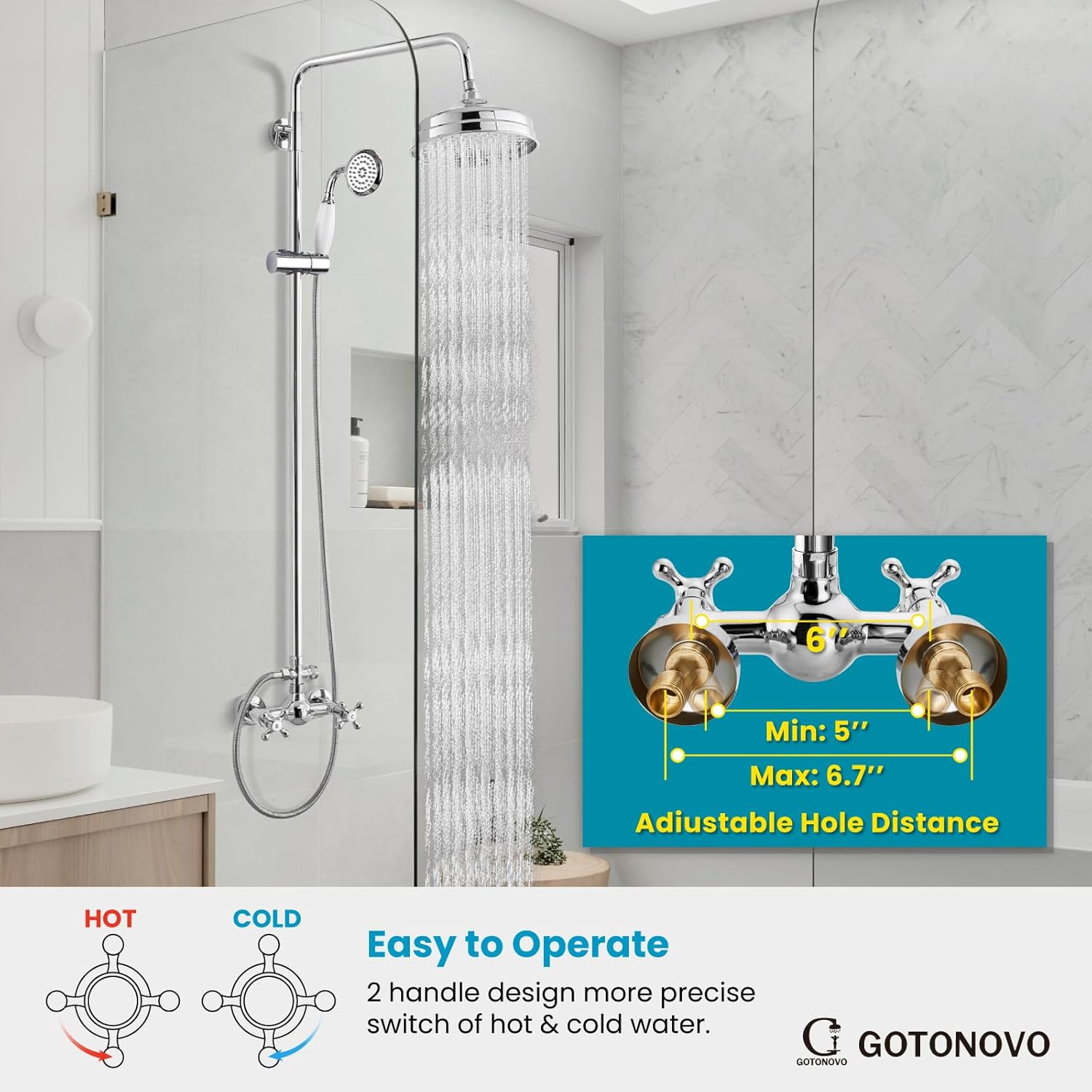 gotonovo Juego de grifo de ducha expuesto para baño con asas cruzadas, montaje en pared, cabezal de ducha de lluvia de 8 pulgadas, accesorio de